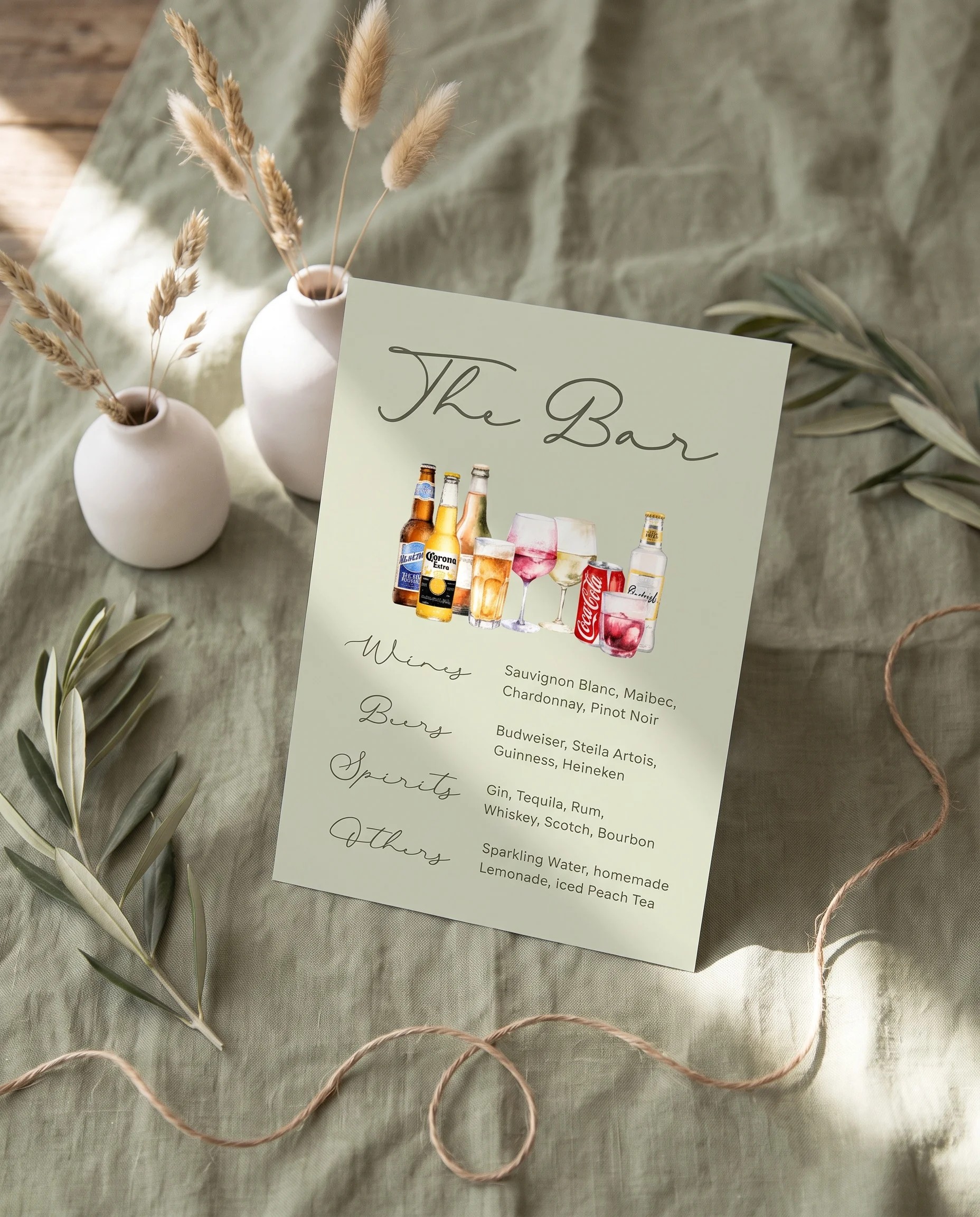Manor Etching — bar menu page displayed upright at a slight overhead angle in soft natural light, wedding bar sign.