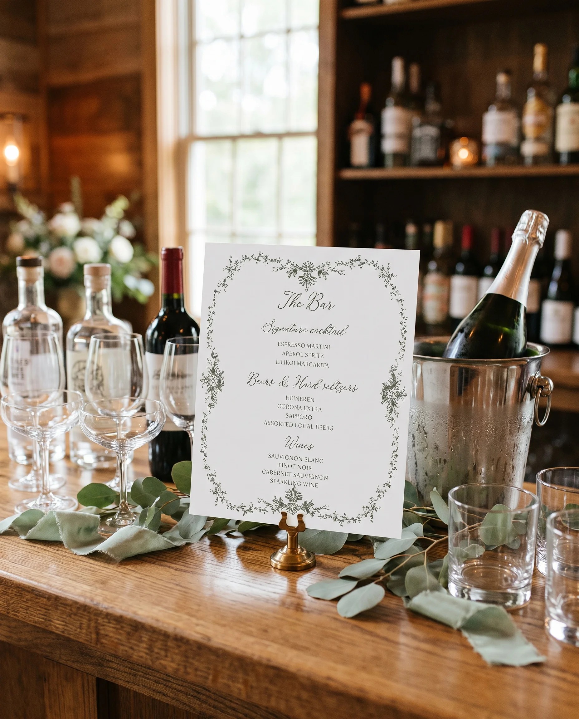 Sage Crest — bar menu page displayed on a drinks station under soft natural light with a slight overhead angle, bar menu template.