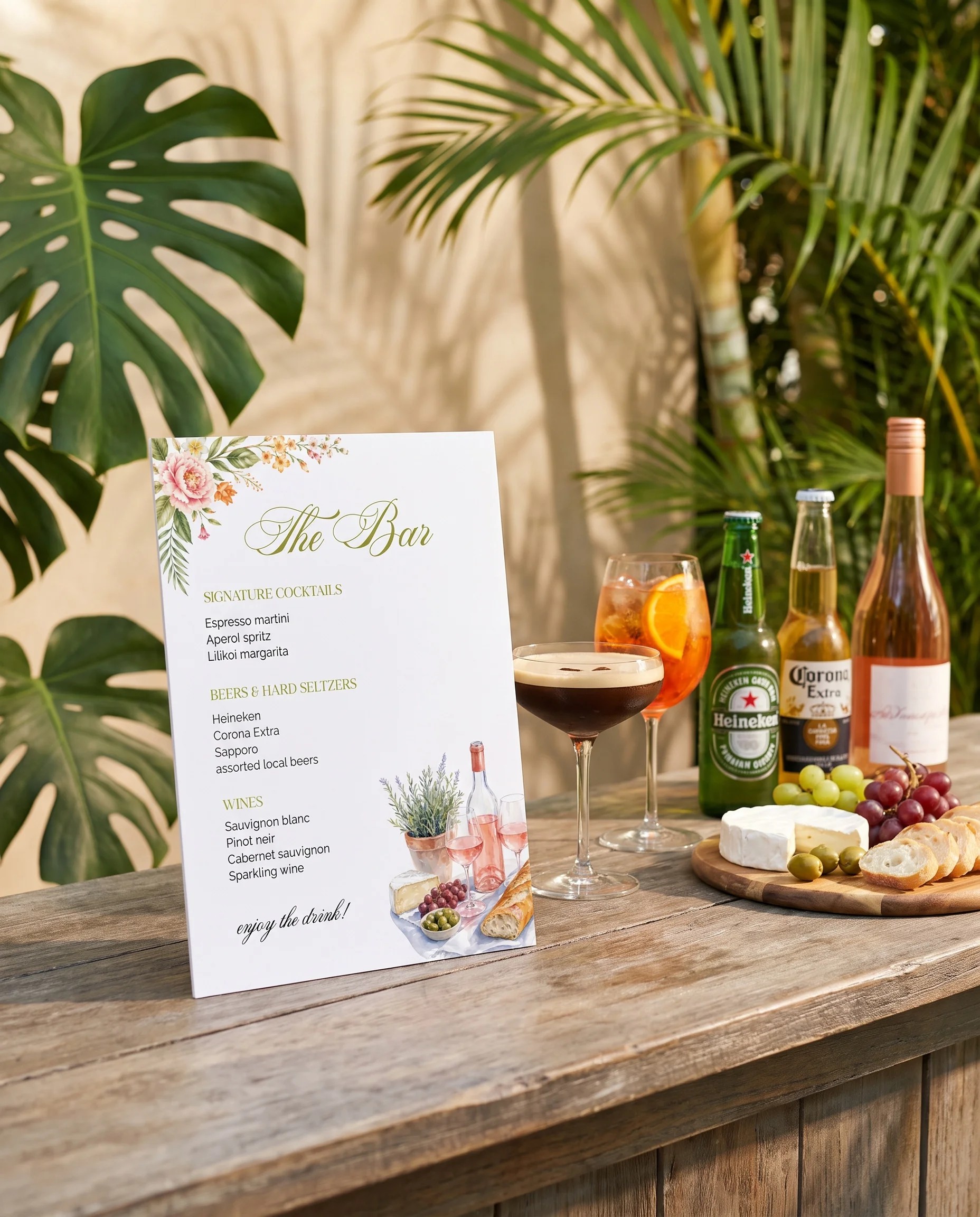Plumeria Peony — bar menu page displayed on a bar or drinks station under soft natural light, bar menu template.