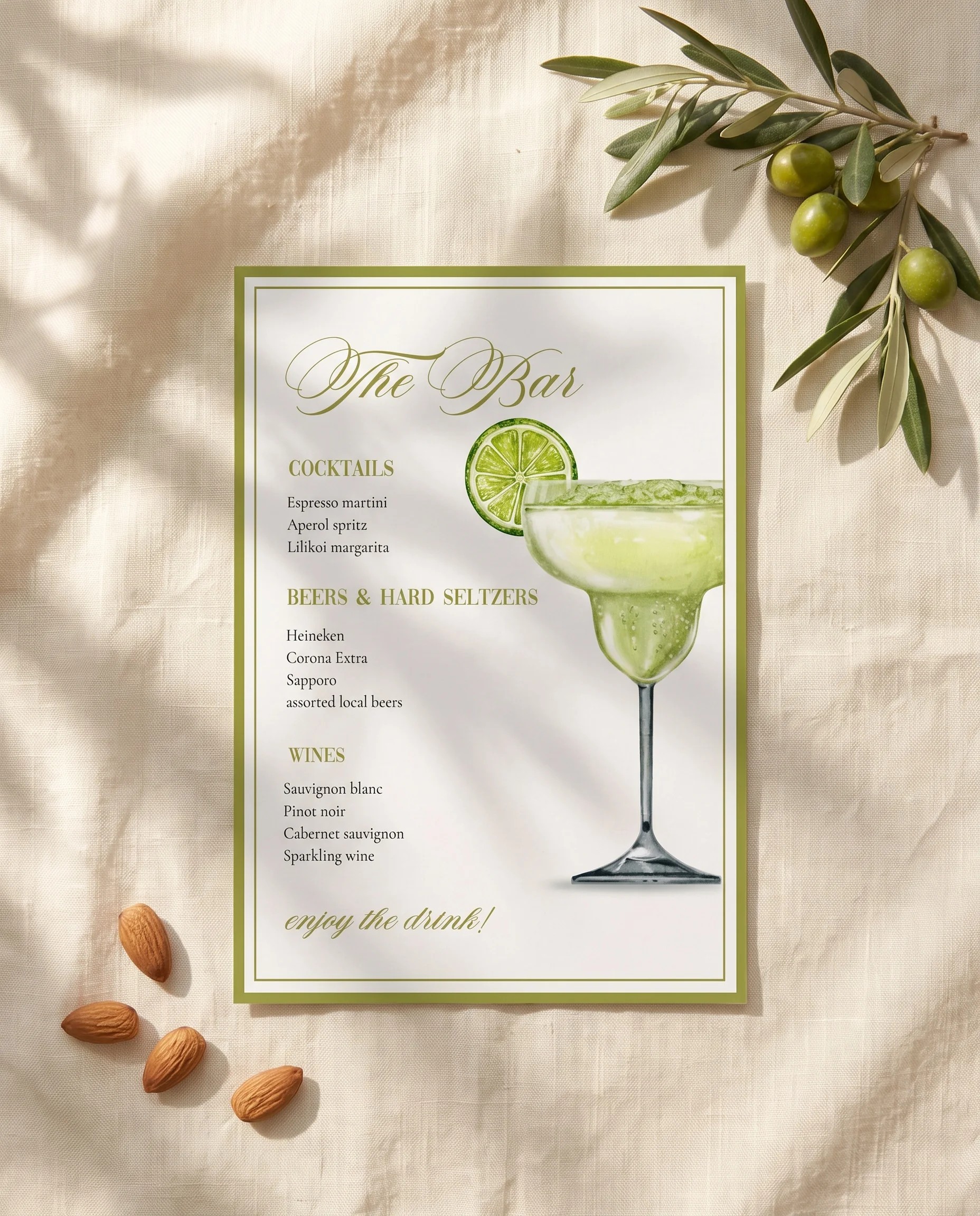 Olive Baroque — single page bar menu shown flat under soft natural light with a slight overhead angle, wedding bar menu