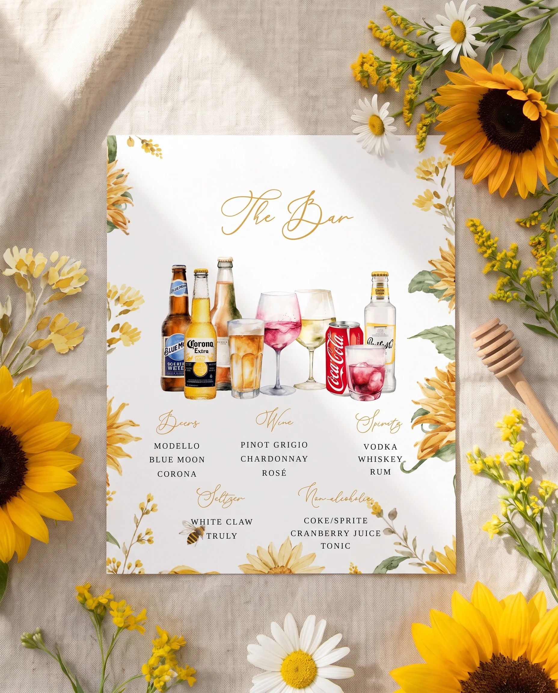 Honeyfield — flat lay of the bar menu on premium editorial paper under soft natural light, wedding bar menu.