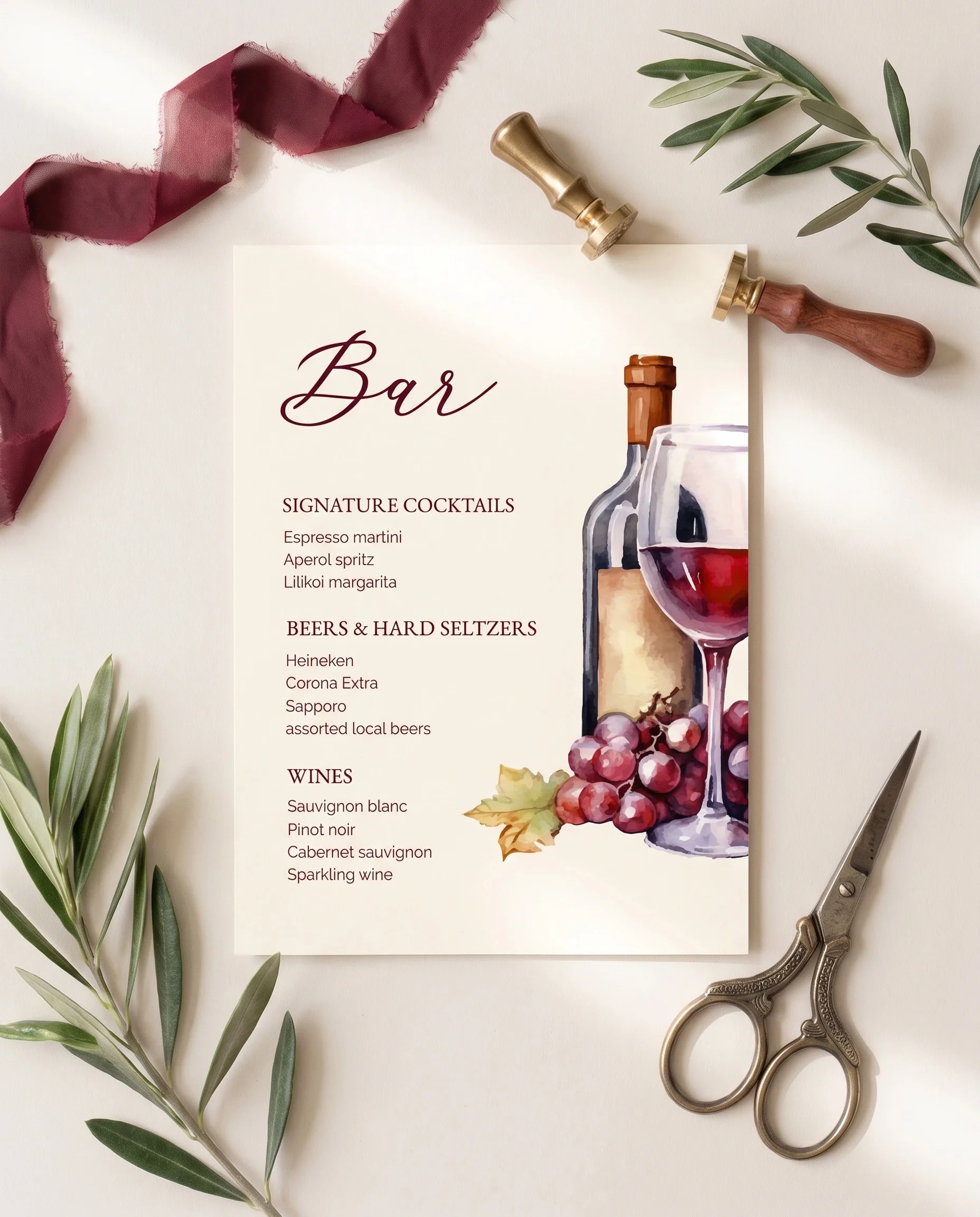 Claret Vine — bar menu page displayed upright in a styled setting under soft natural light, wedding bar sign.