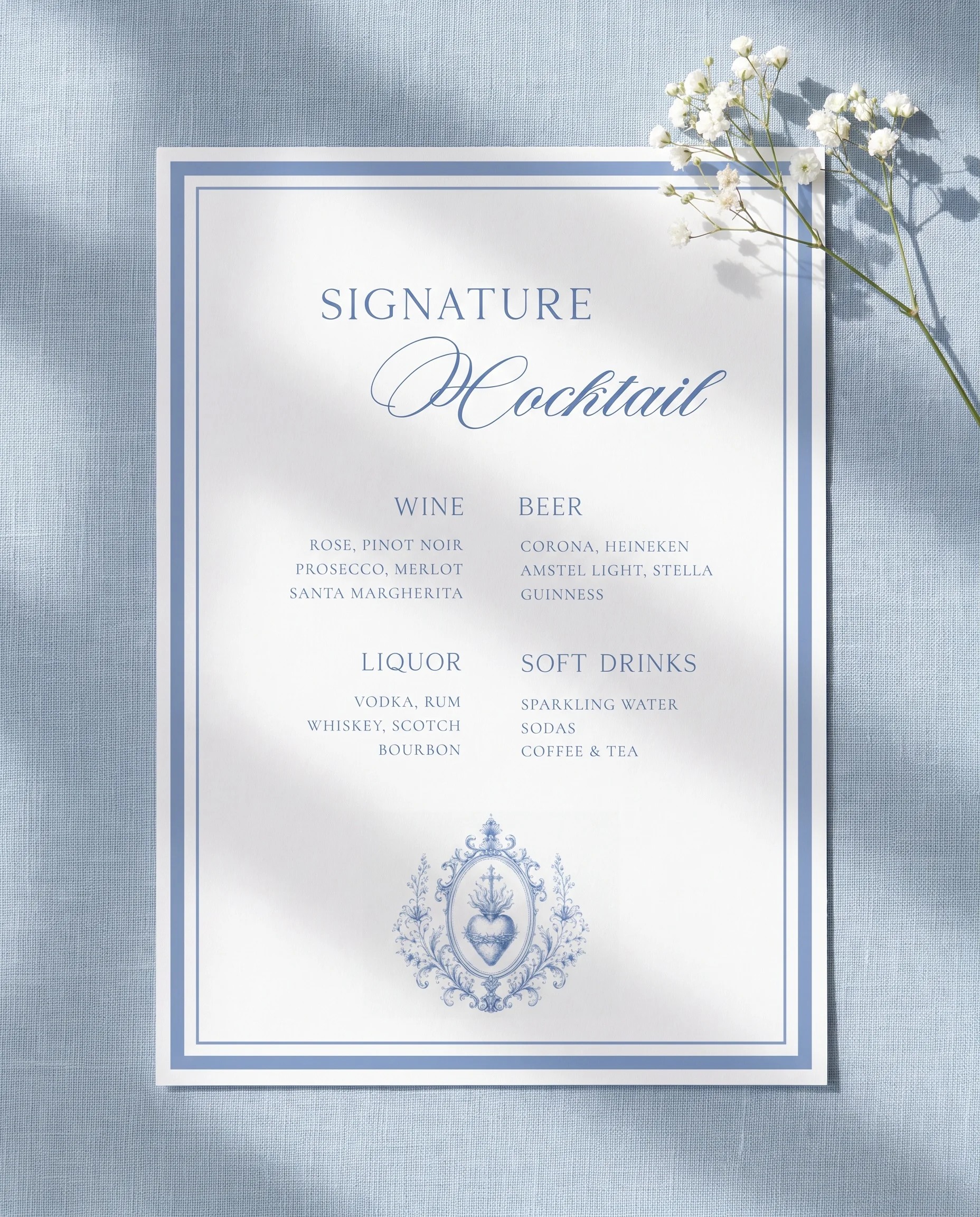 Azure Flourish — flat lay of the bar menu page on premium paper under soft natural light, wedding bar menu.