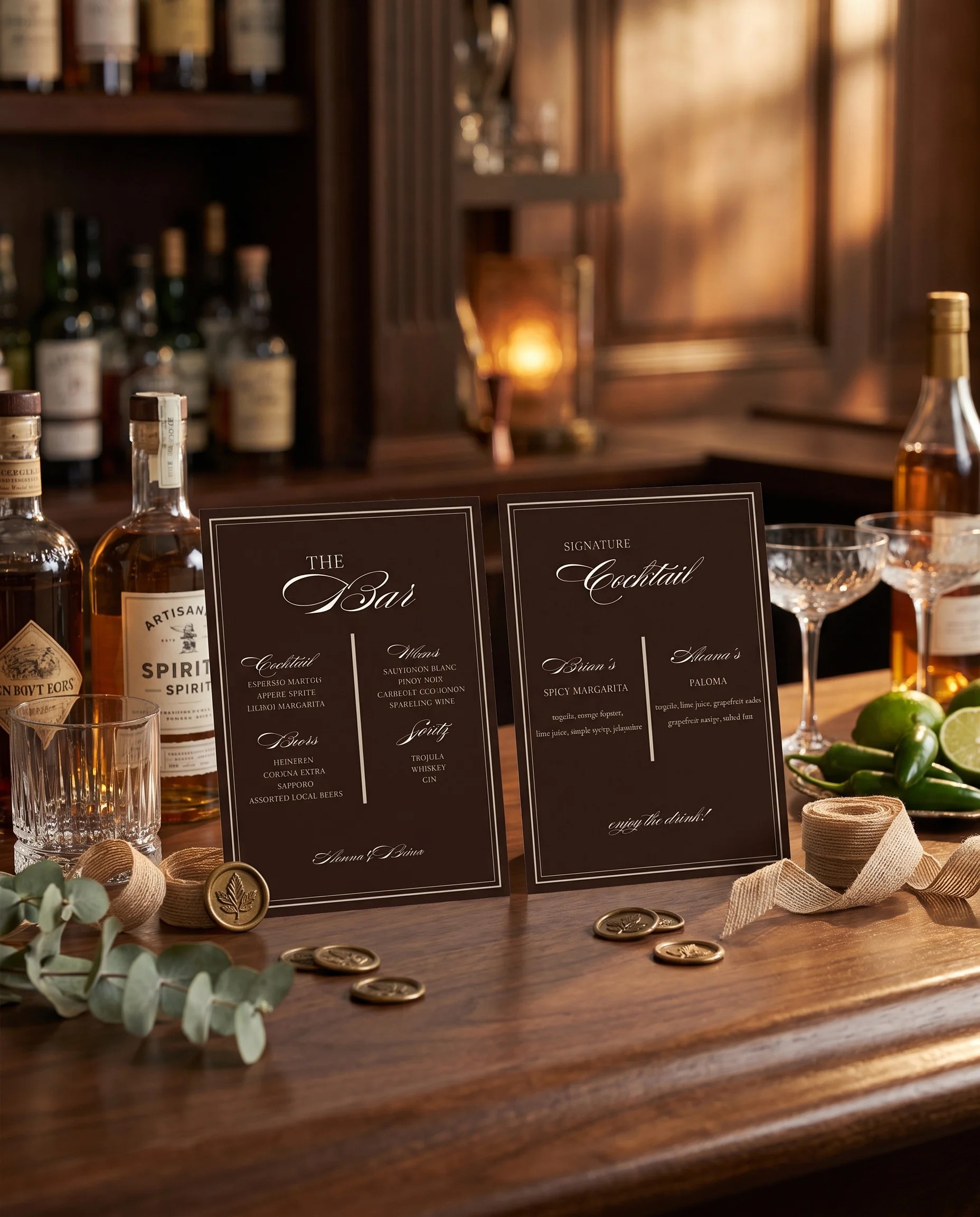 Velour — two bar menu pages displayed on a drinks station under soft natural light, bar menu template