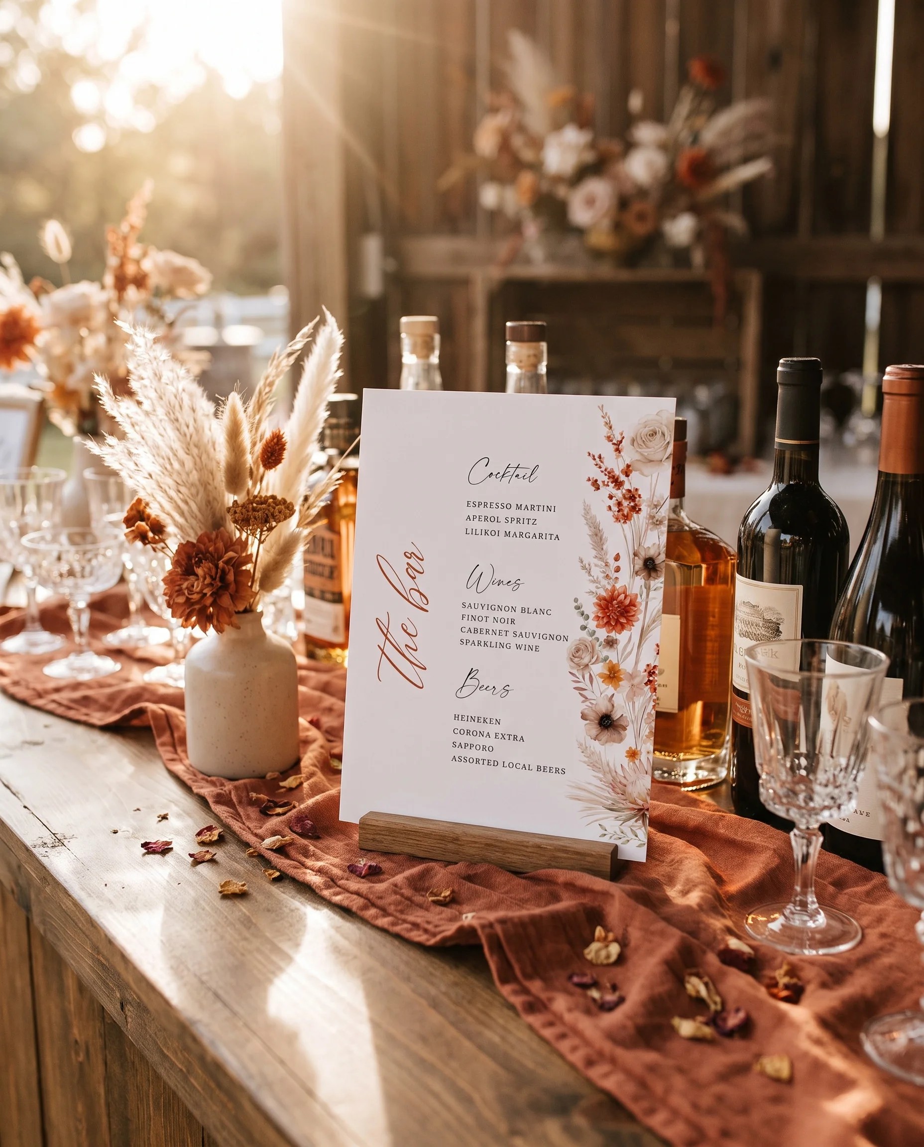 Dahlia Ember — bar menu page displayed on a drinks station under soft natural light, bar menu template