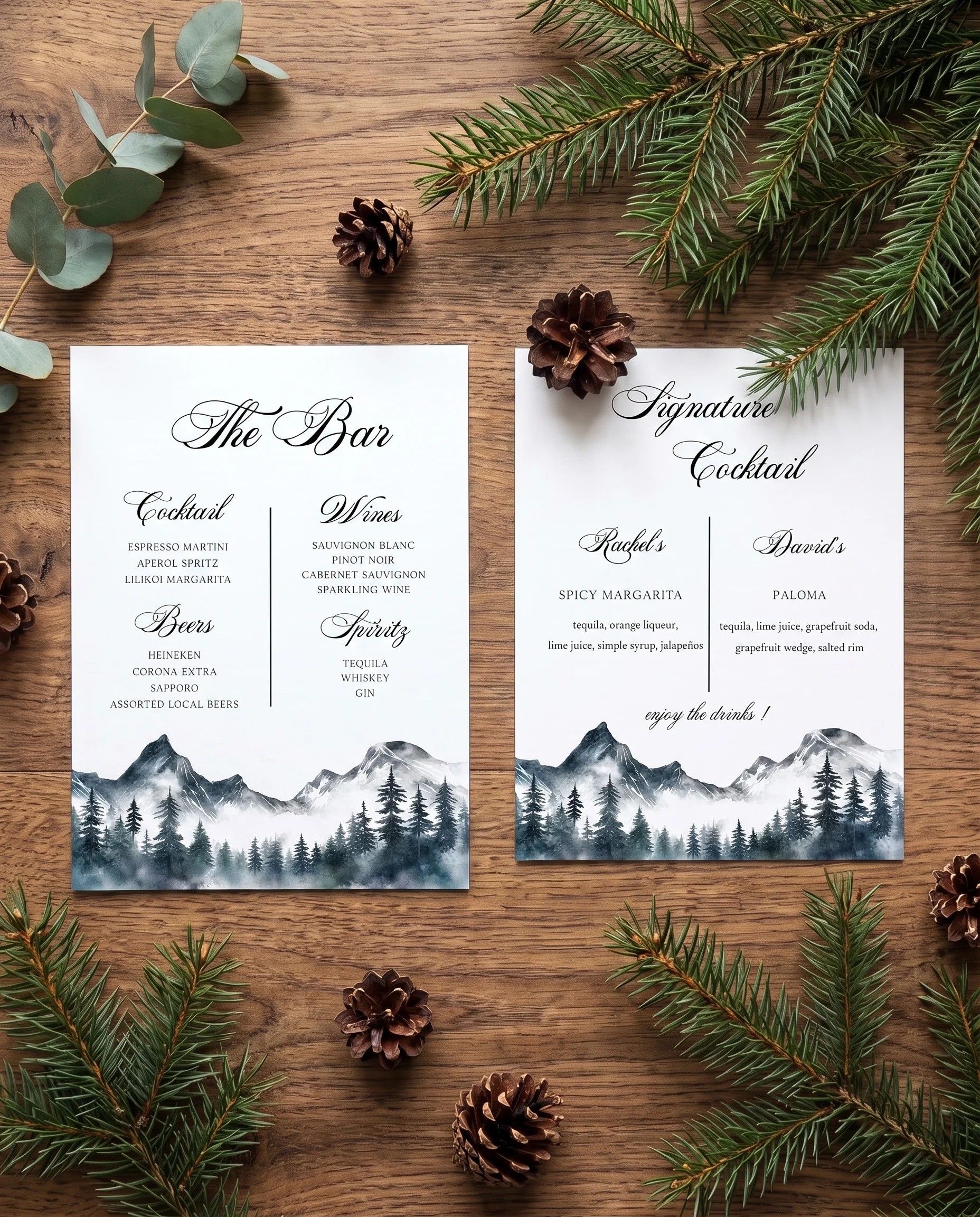 Pinecrest — flat lay of both bar menu pages under soft natural light with a slight overhead angle, wedding bar menu