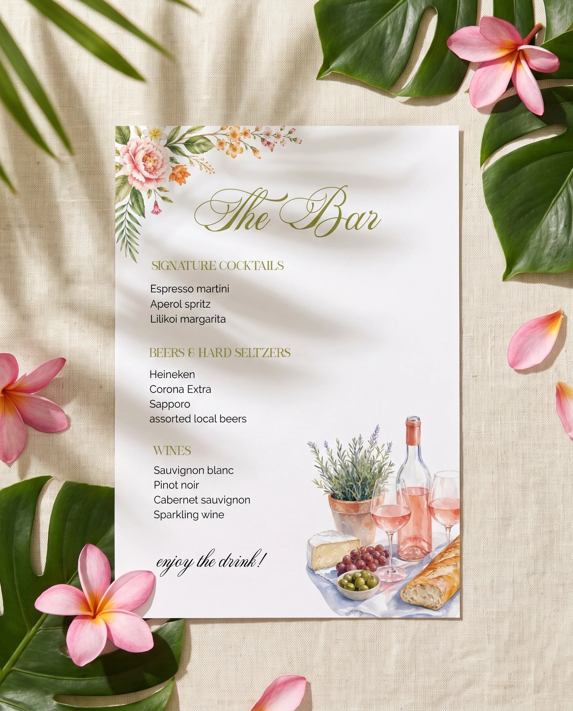 Plumeria Peony — single page bar menu shown flat on premium editorial paper under soft natural light, wedding bar menu.