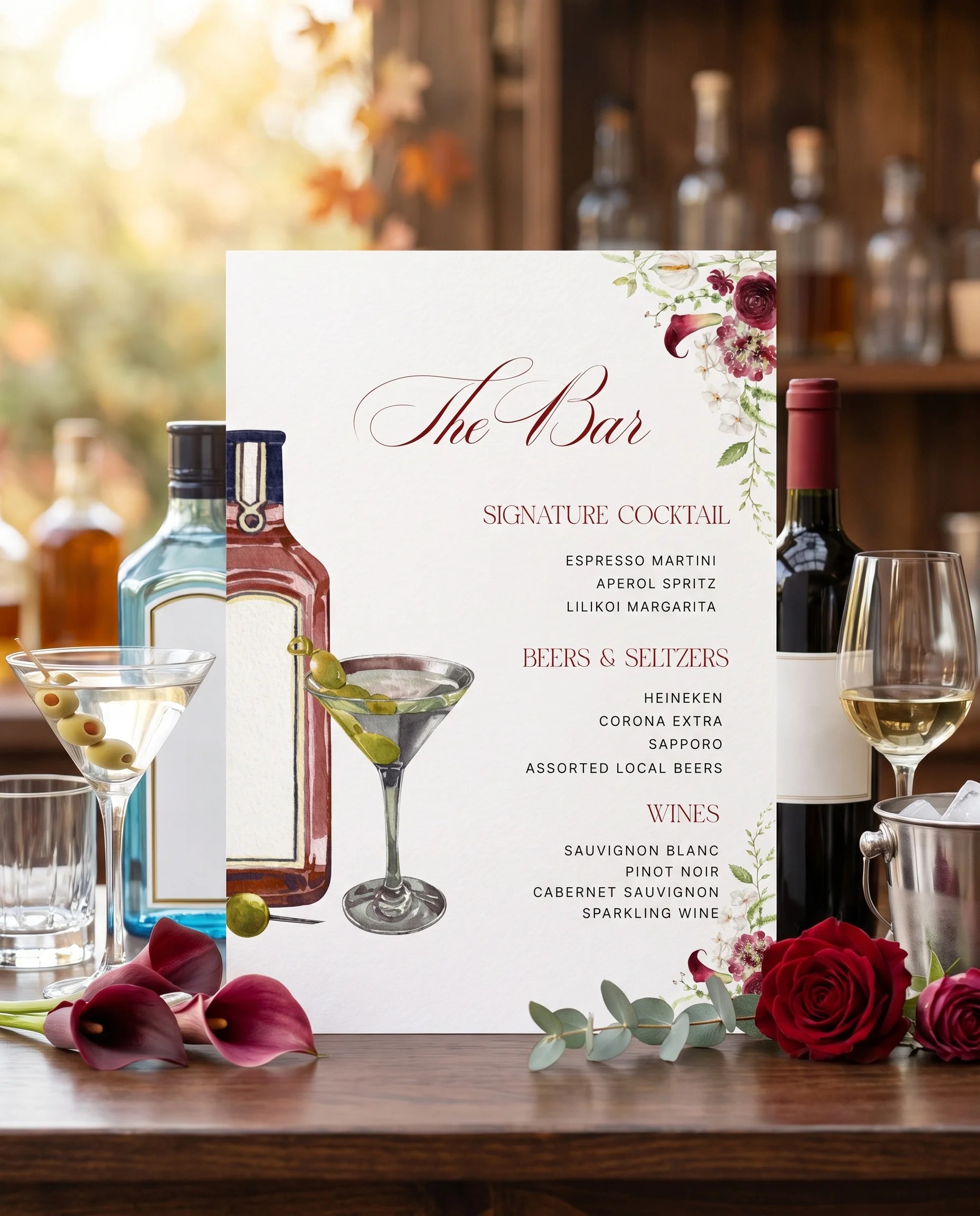 Burgundy Calla — bar menu page displayed on a drinks station under soft natural light, bar menu template.