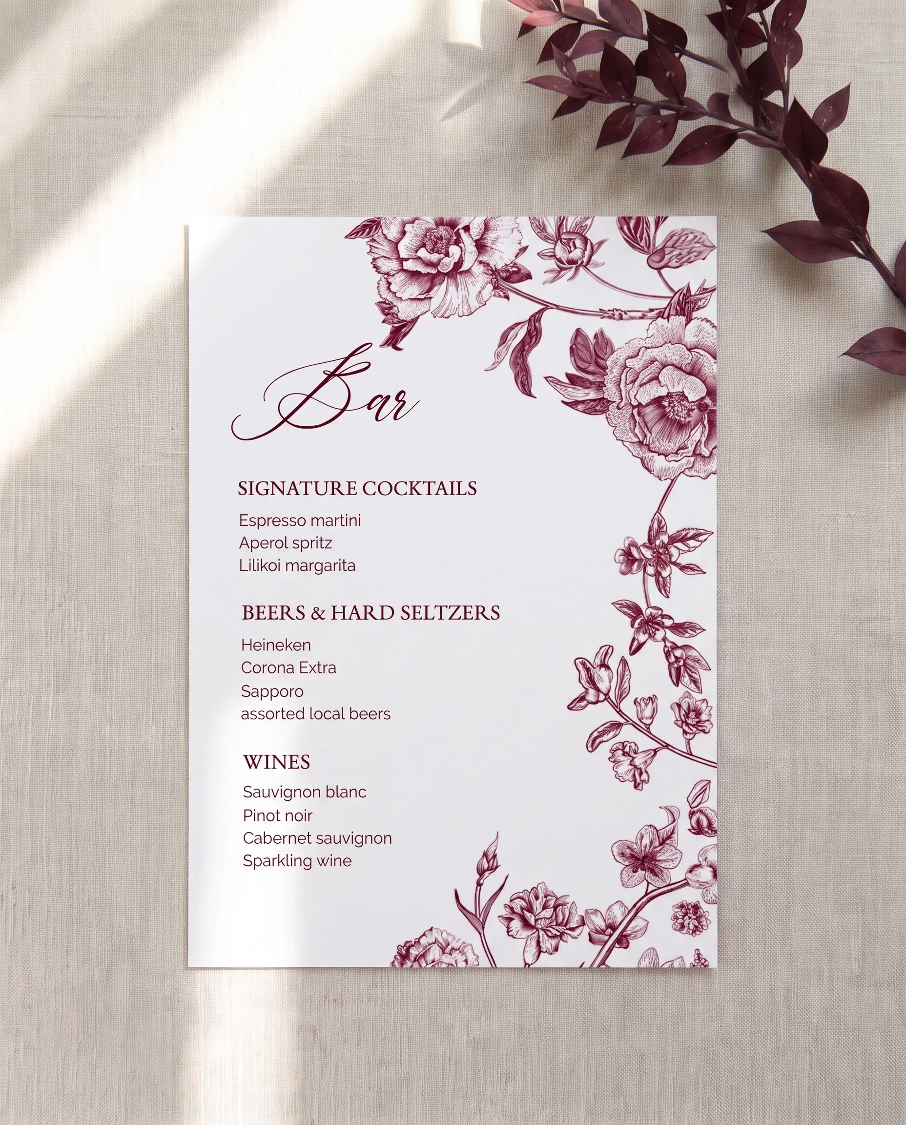 Chantilly — bar menu page lying flat on premium editorial paper under soft natural light, slight overhead angle, wedding bar menu.