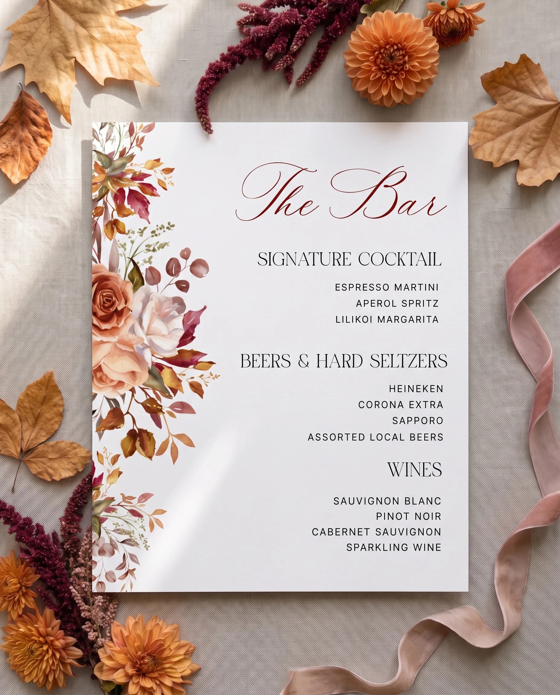 Autumn Blush — bar menu shown flat on premium editorial paper under soft natural light with a slight overhead angle, wedding bar menu.