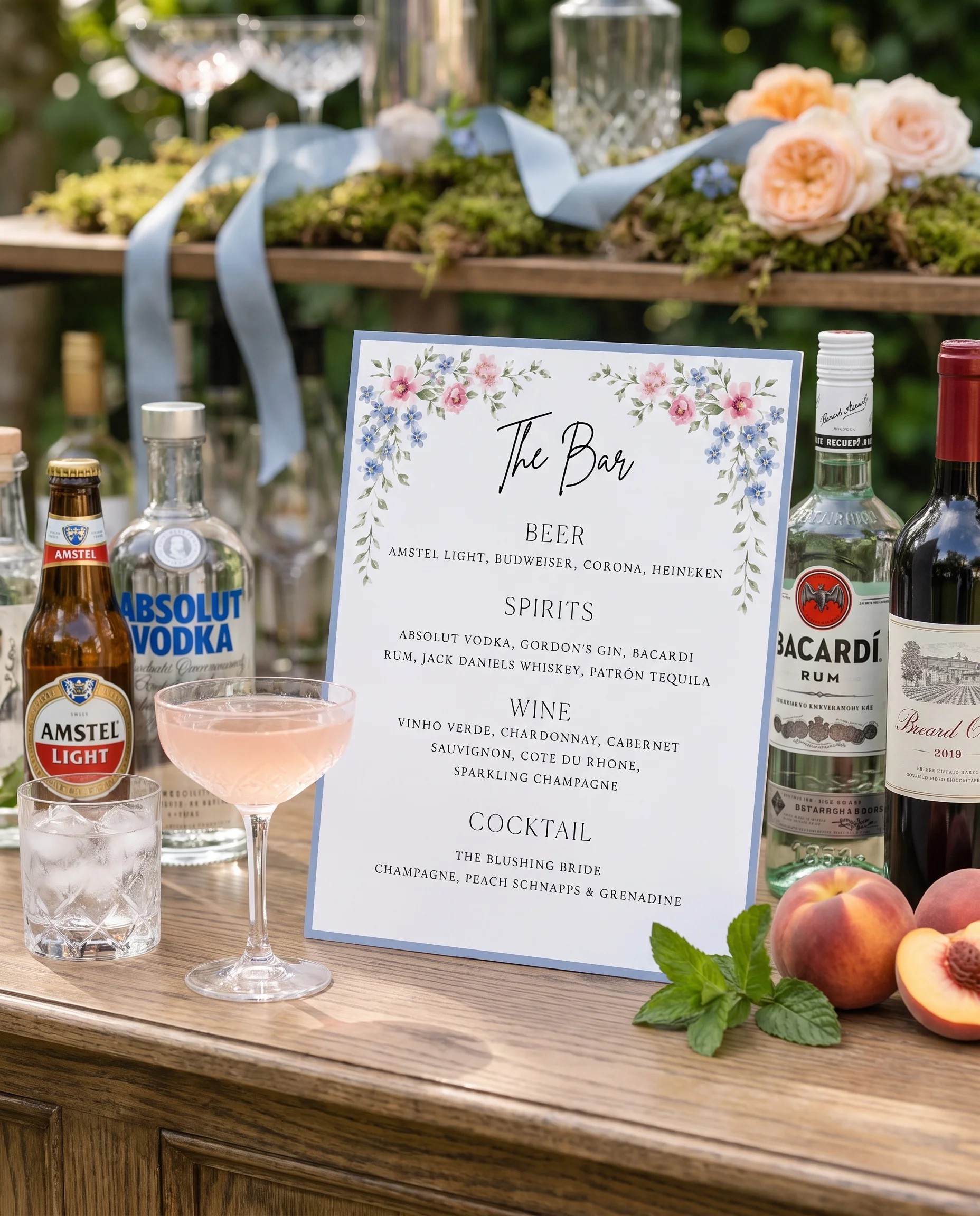 Meadow Spire — single page of the bar menu displayed on a bar station under soft natural light, bar menu template.