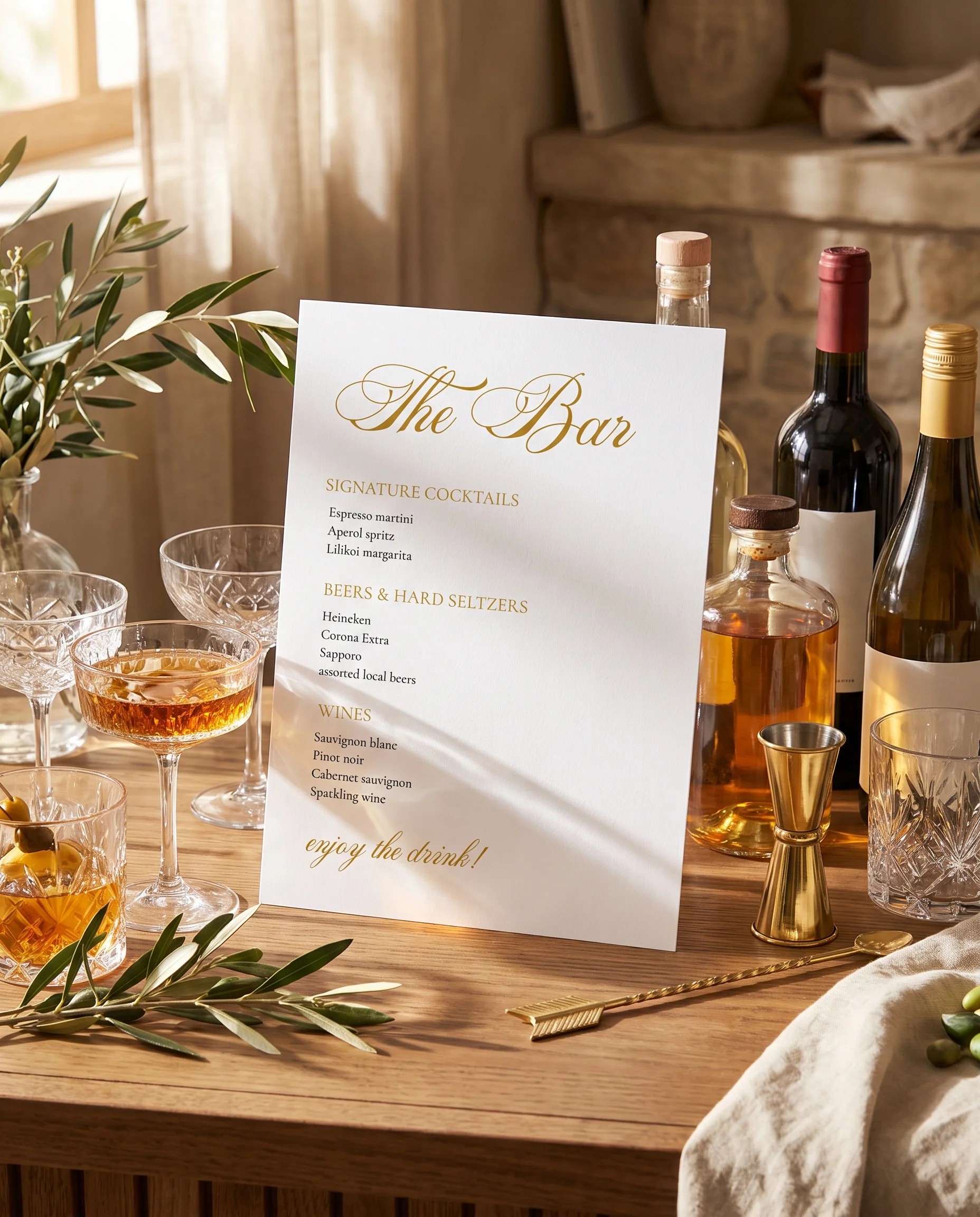 Gilded Arrow — bar menu page displayed on a drinks station under soft natural light with a slight overhead angle, bar menu template
