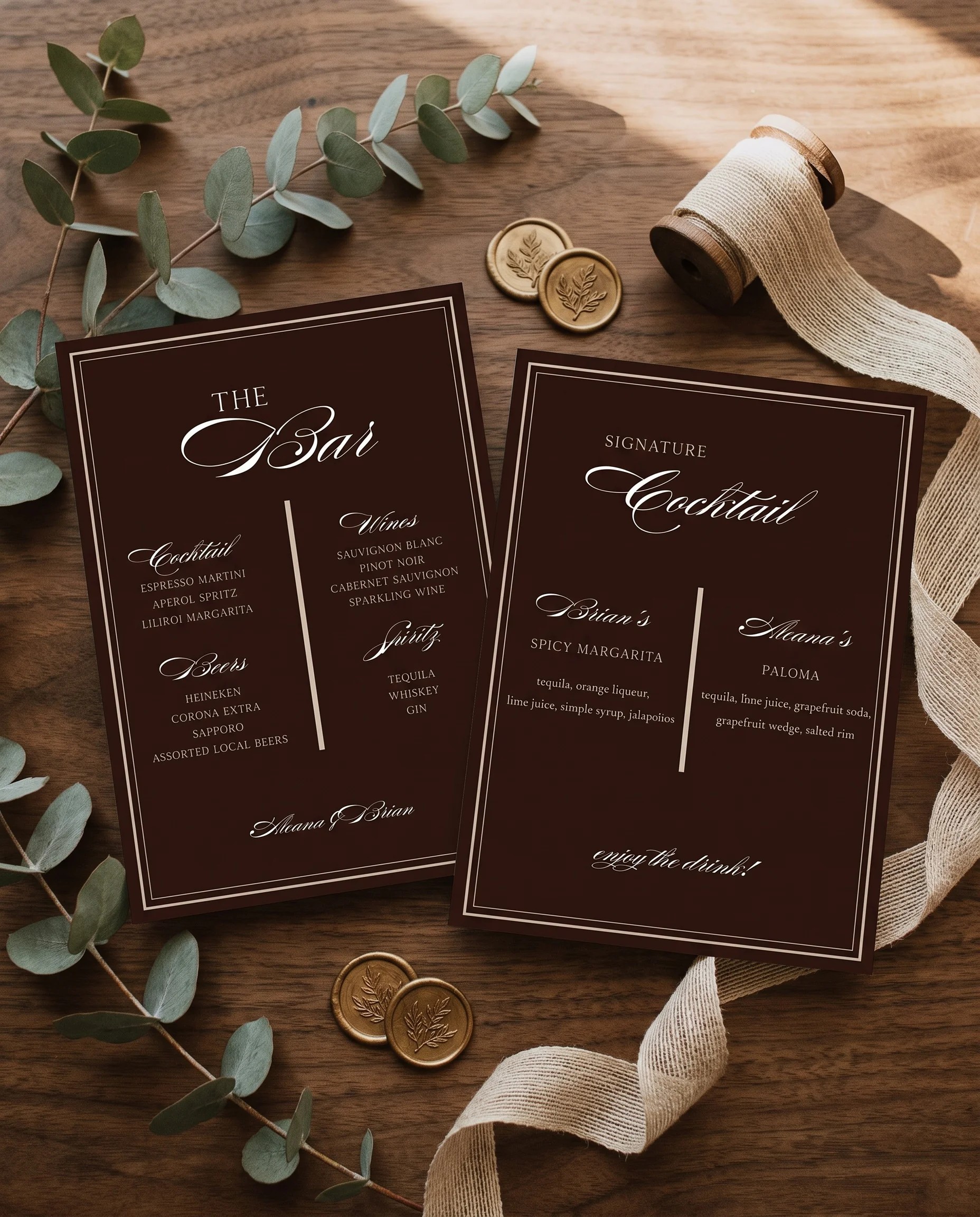Velour — bar menu displayed upright under soft natural light with a slight overhead angle, wedding bar sign.