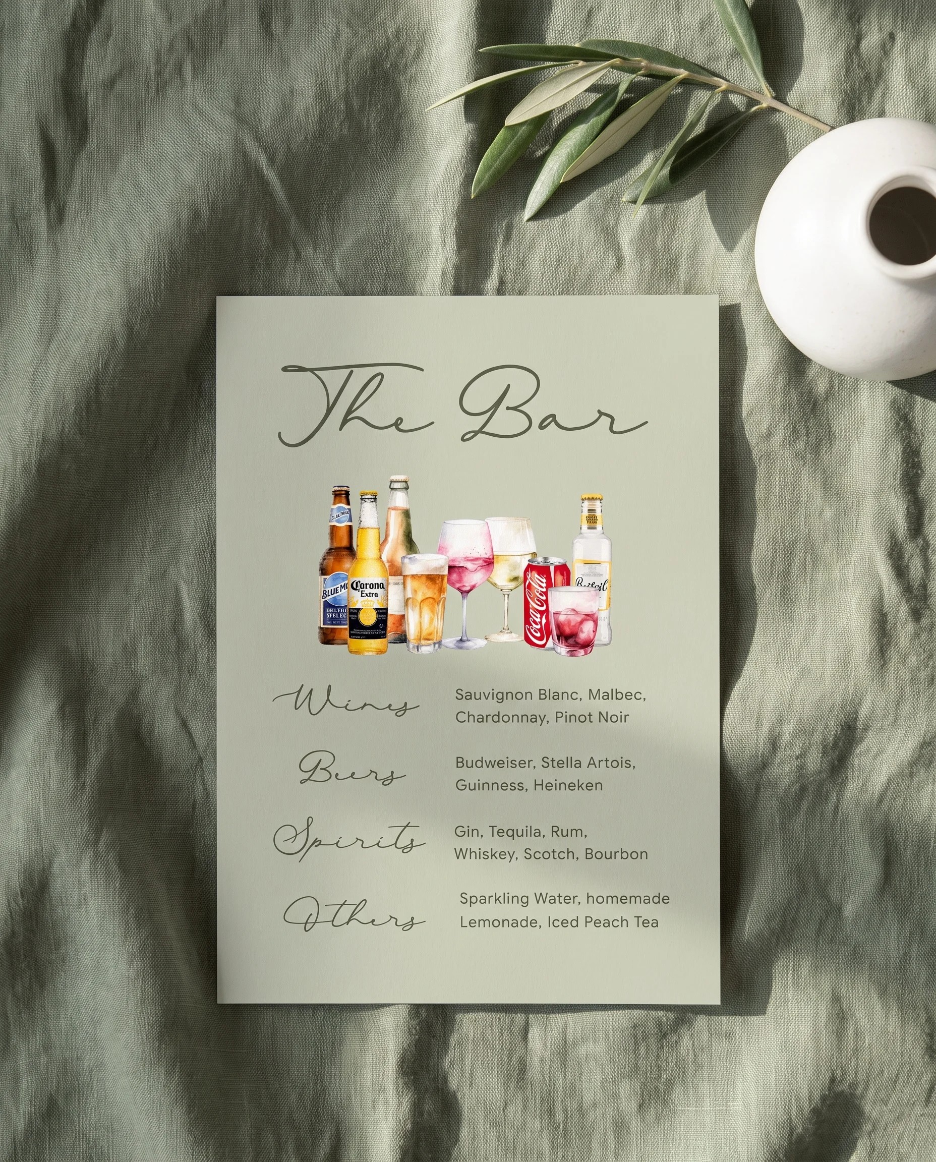 Manor Etching — single page shown flat under soft natural light at a slight overhead angle, wedding bar menu.