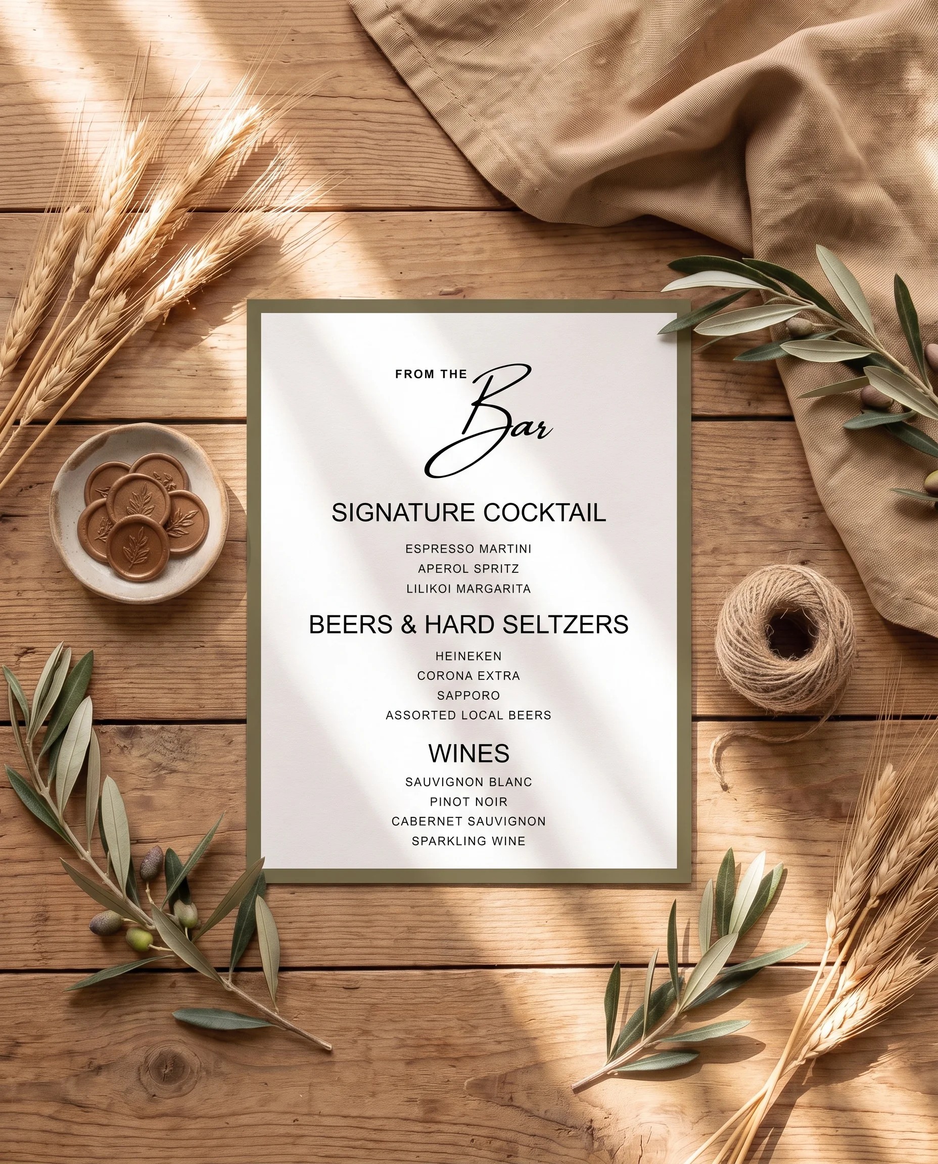 Golden Vale — bar menu page lying flat on premium editorial paper under soft natural light, shot at a slight overhead angle, wedding bar menu.