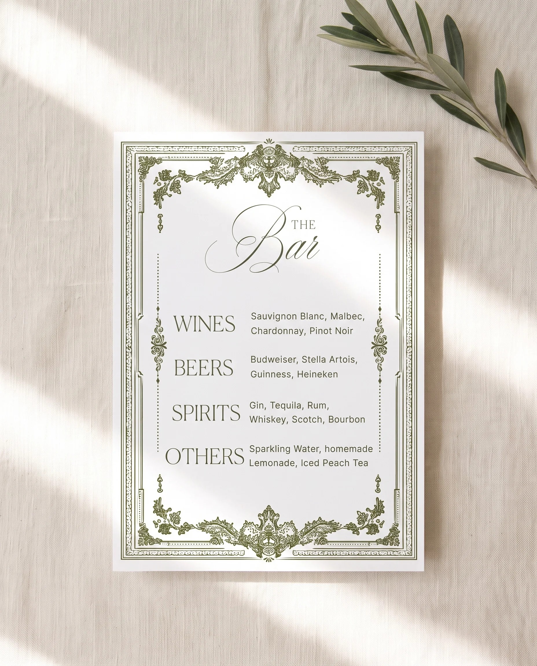 Verdant Filigree — single page bar menu shown flat under soft overhead light on premium paper, wedding bar menu.