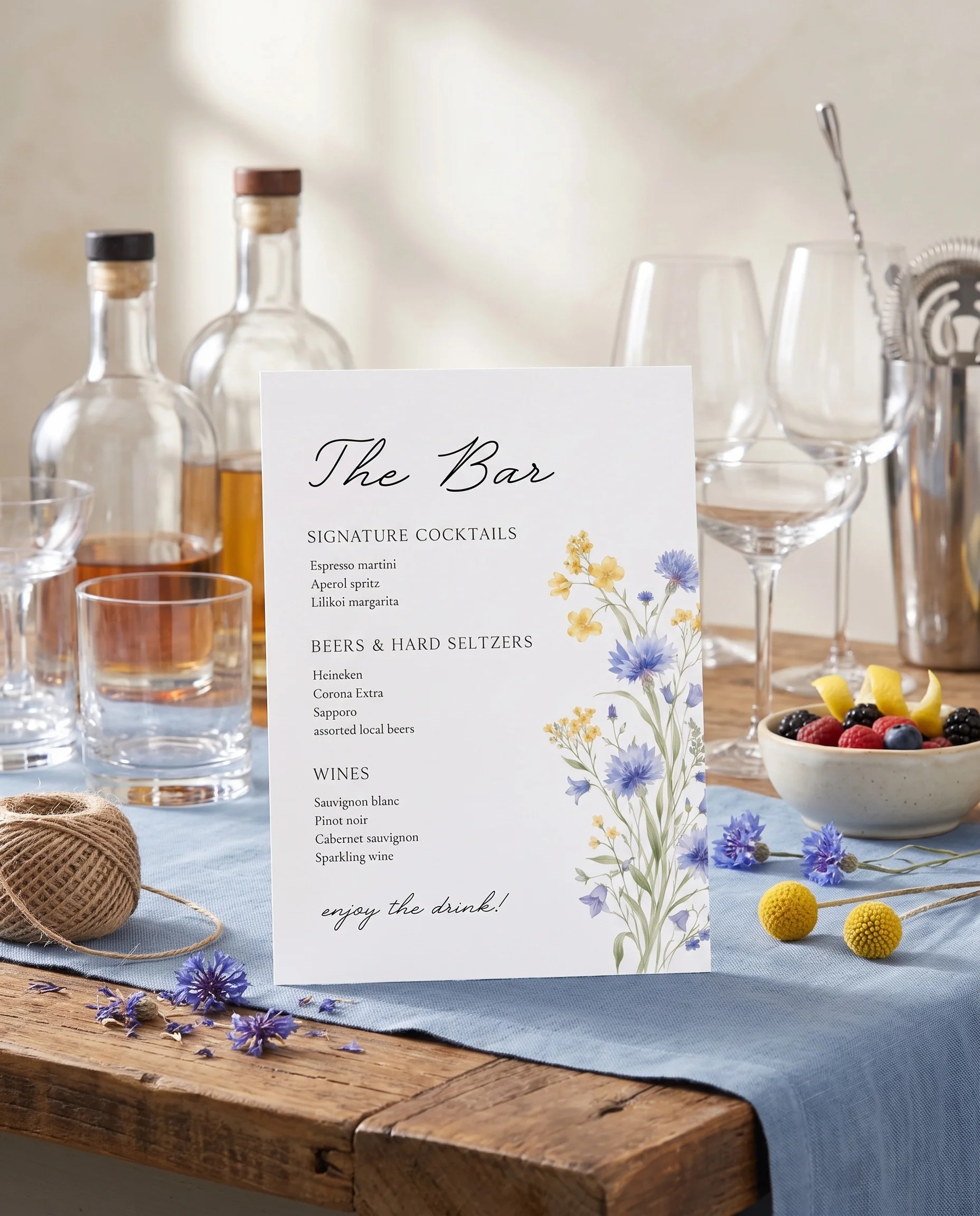 Cornflower — bar menu page displayed on a drinks station under soft natural light, bar menu template.
