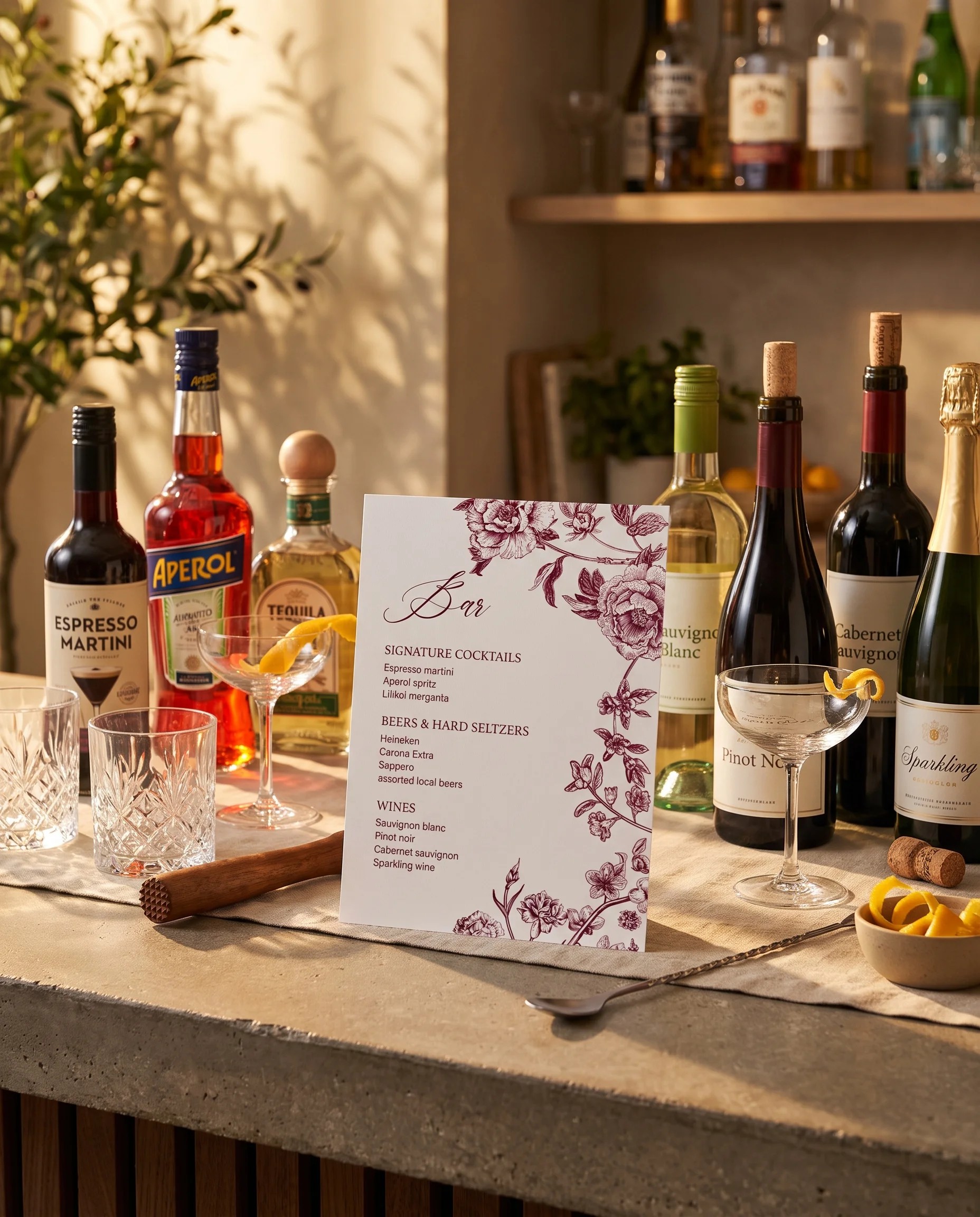 Chantilly — bar menu displayed on a drinks station under soft natural light with a slight overhead angle, bar menu template