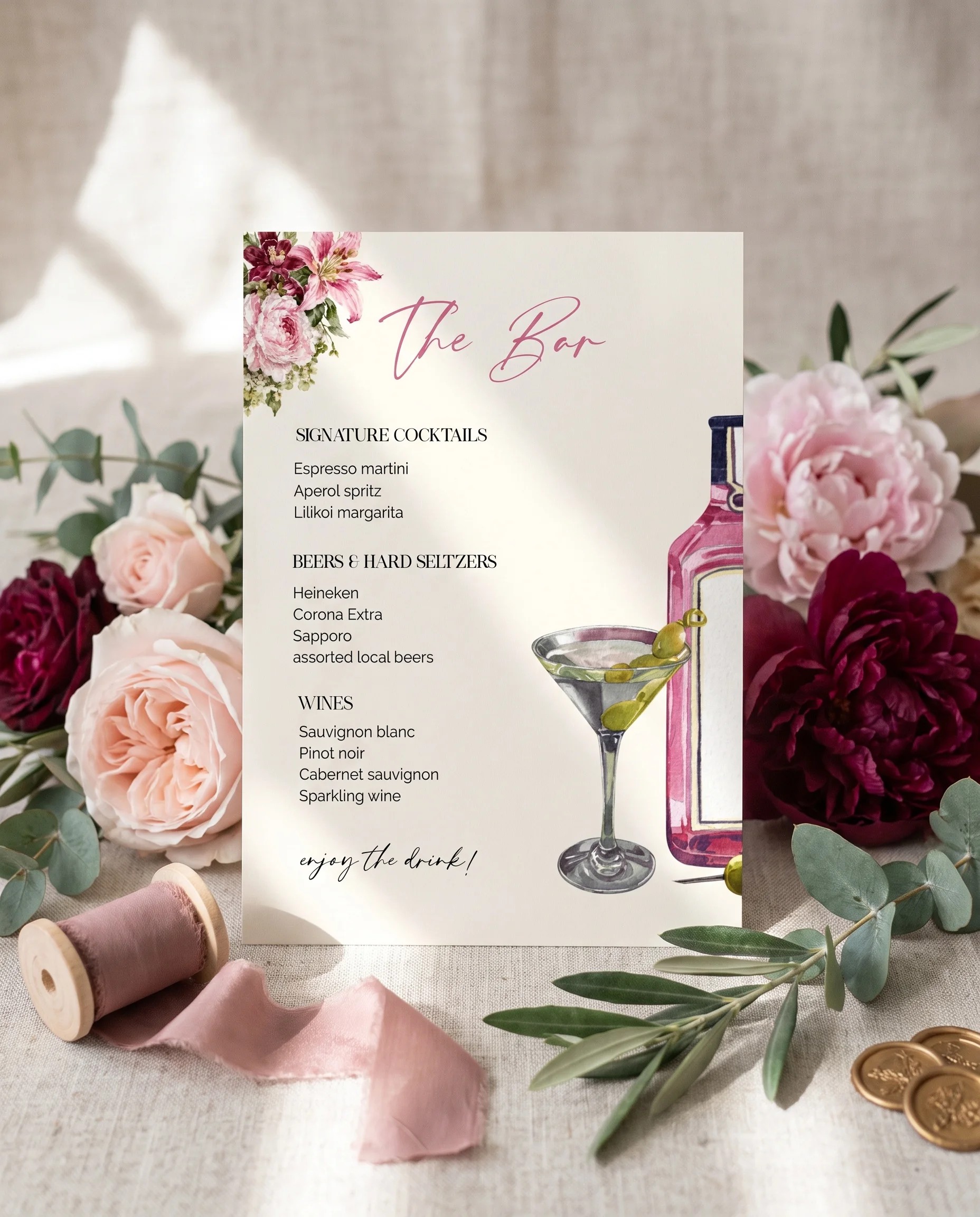 Rosevale — bar menu displayed upright on premium editorial paper under soft natural light, slight overhead angle, wedding bar sign.