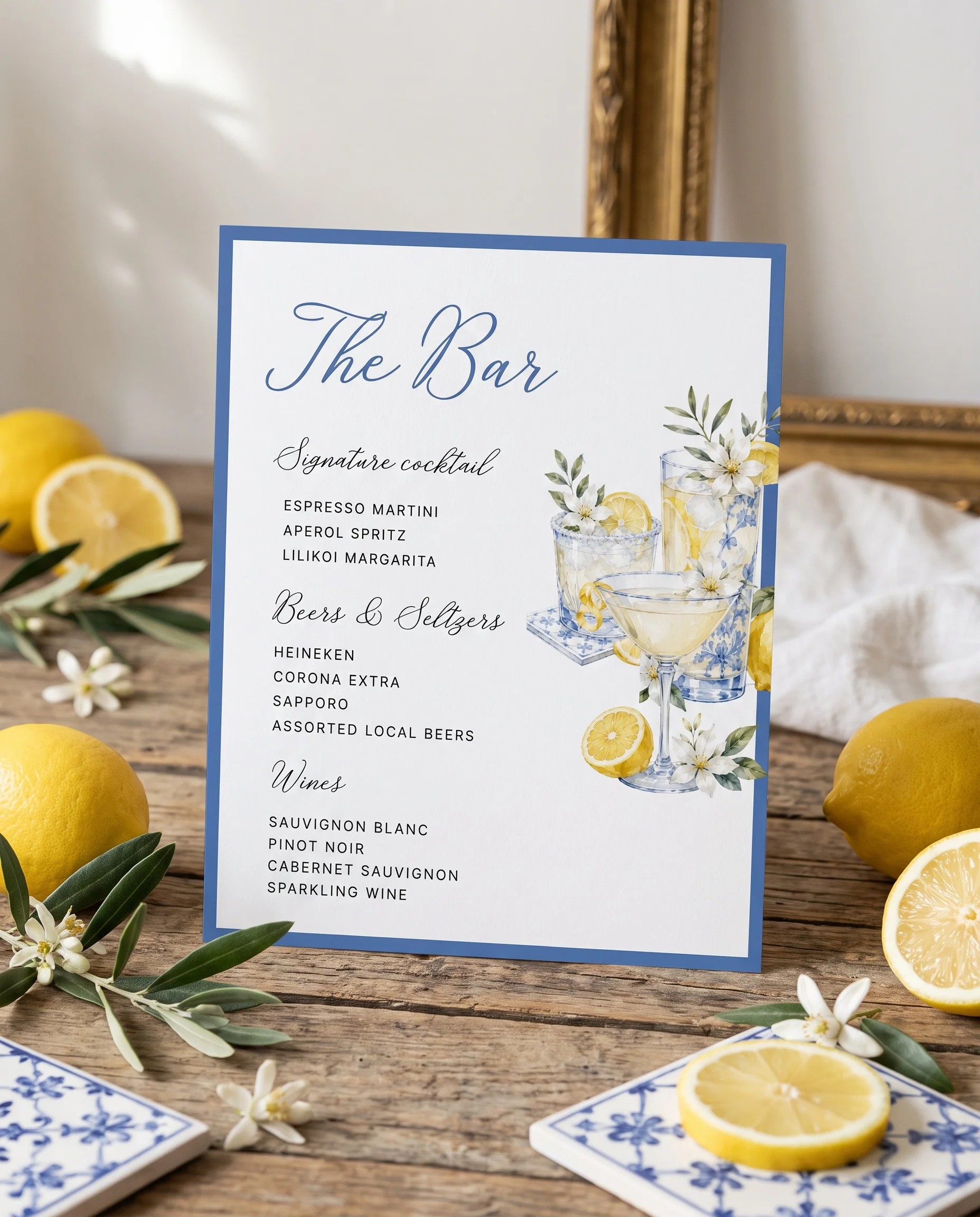 Amalfi Grove — bar menu displayed upright in a styled setting under soft natural light, wedding bar sign.