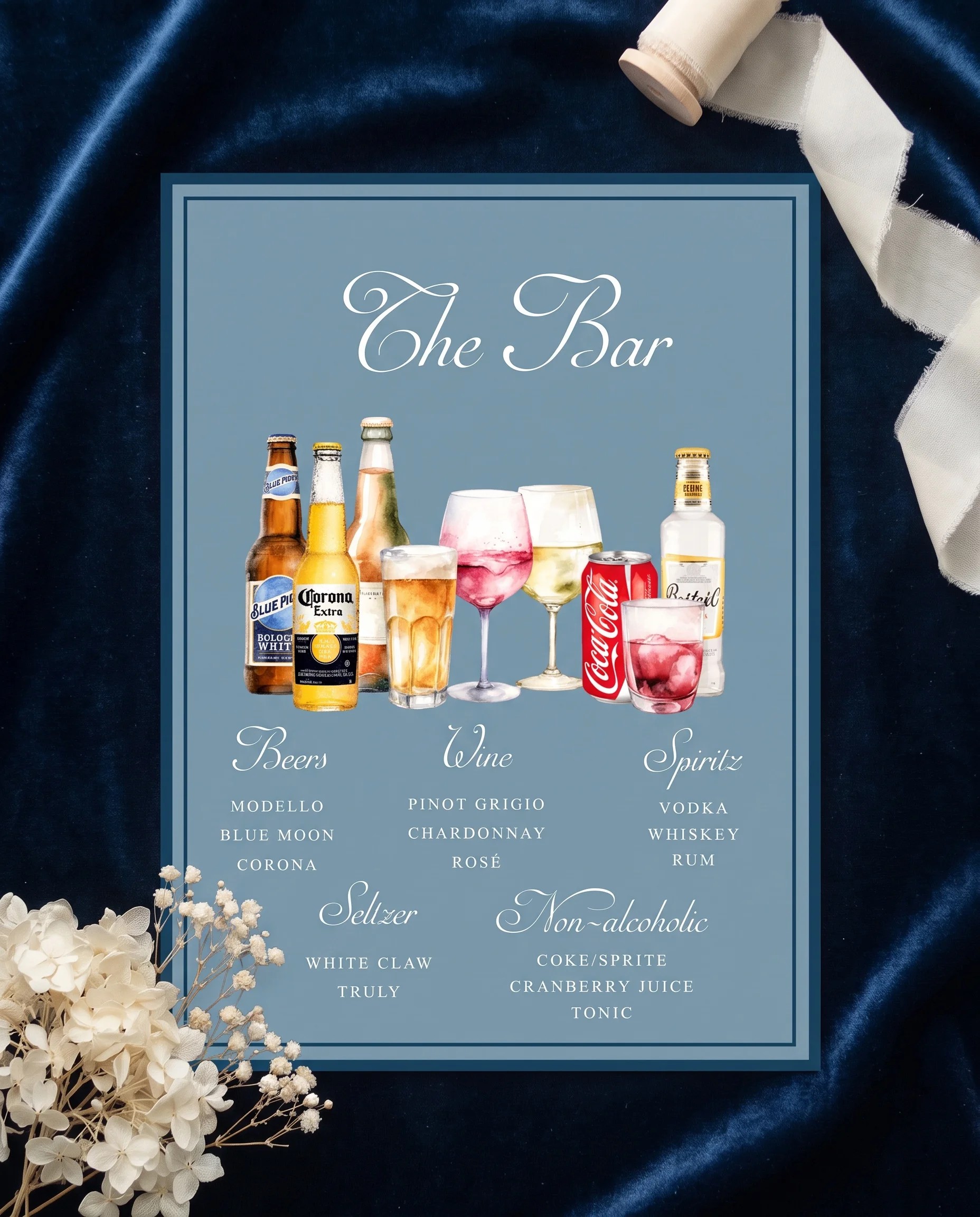 Windsor Crown — single page shown flat under soft natural light with a slight overhead angle, wedding bar menu.