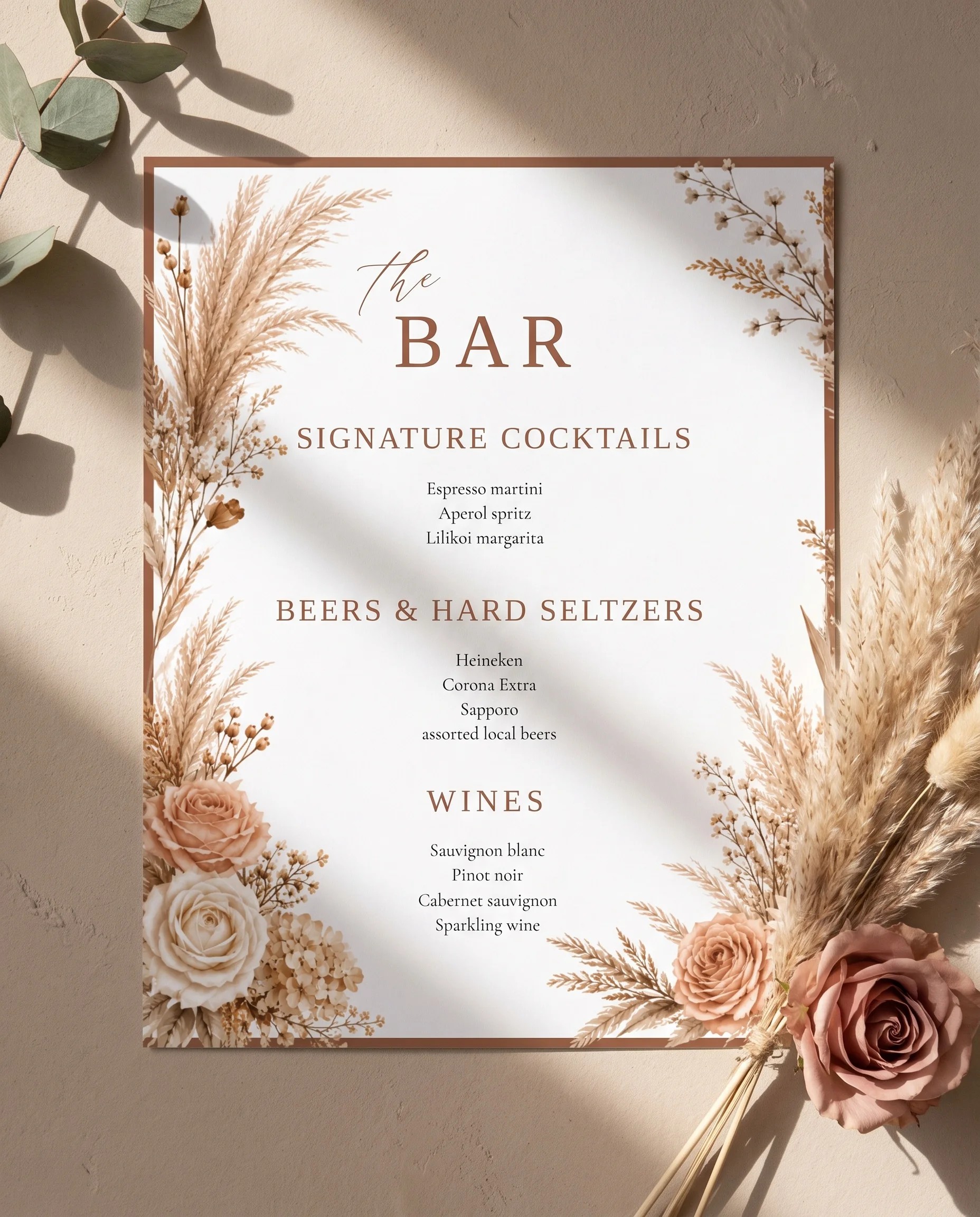 Pampas Hush — single page bar menu shown flat, photographed from a slight overhead angle in soft natural light, wedding bar menu