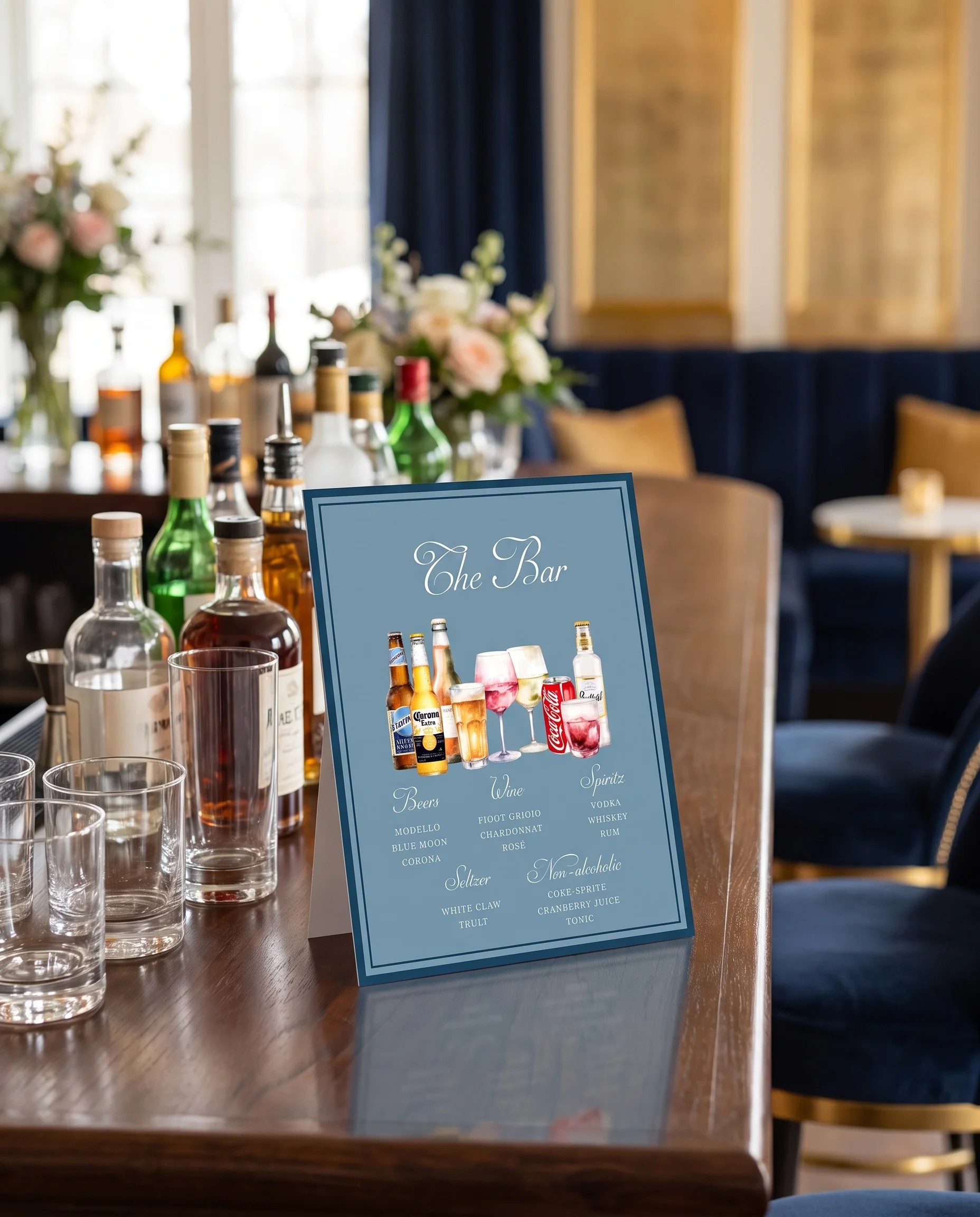 Windsor Crown — bar menu page displayed on a drinks station under soft natural light with a slight overhead angle, bar menu template.