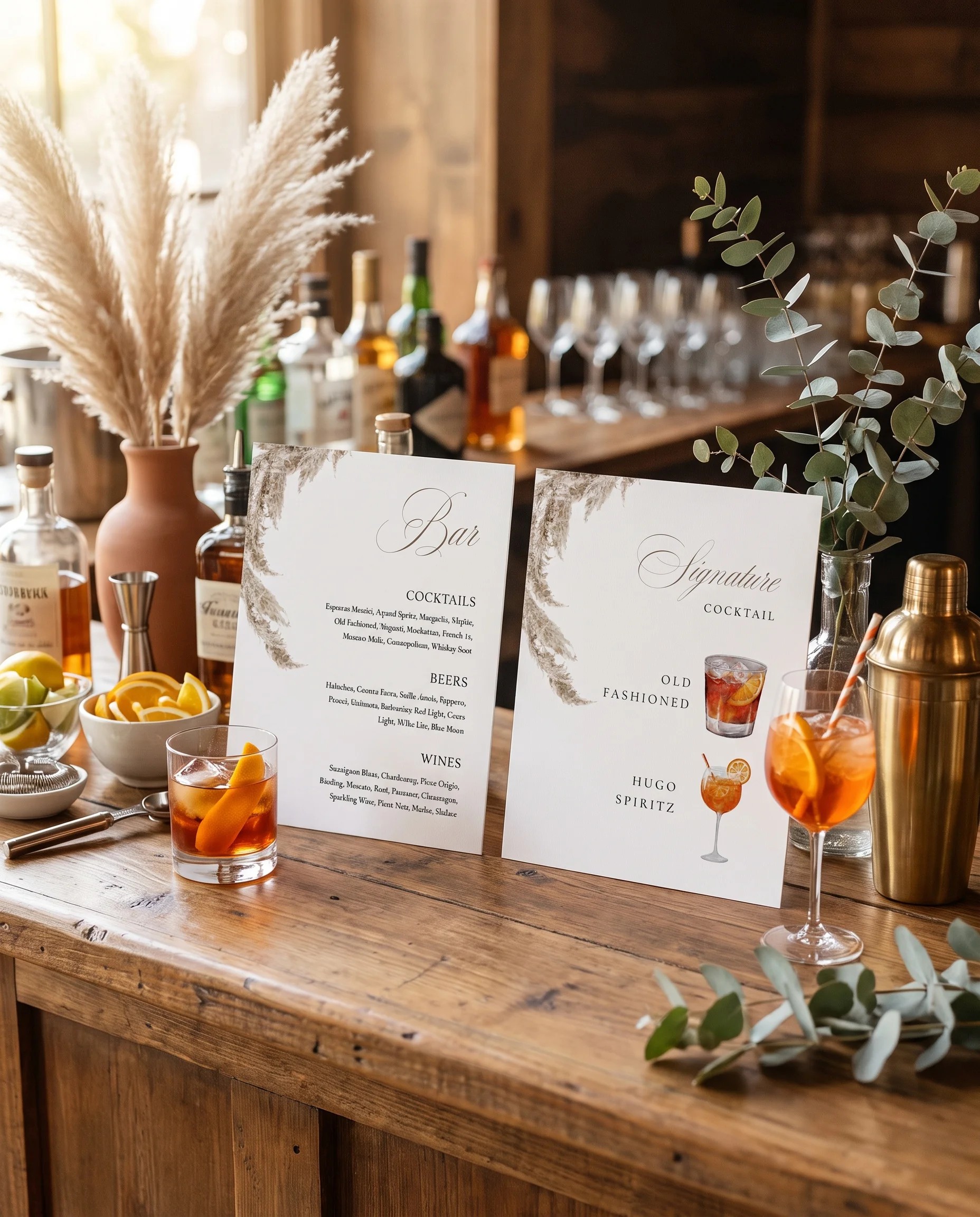 Pampas — two bar menu pages displayed on a drinks station under soft natural light, bar menu template.