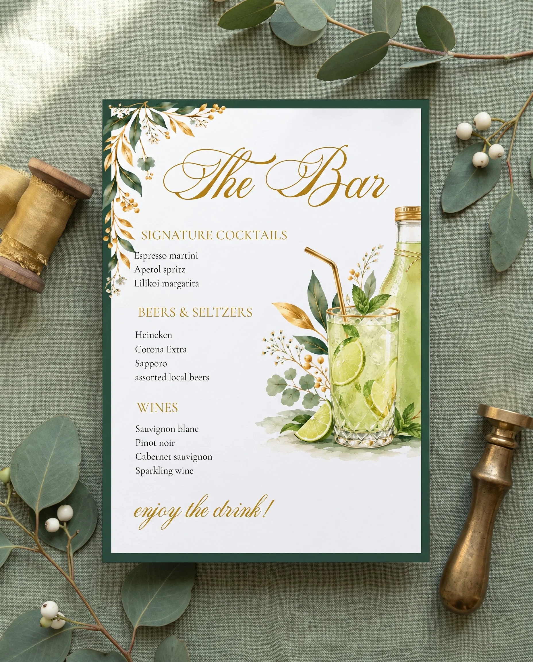 Gilded Foliage — full bar menu shown flat under soft natural light with a slight overhead angle, wedding bar menu.