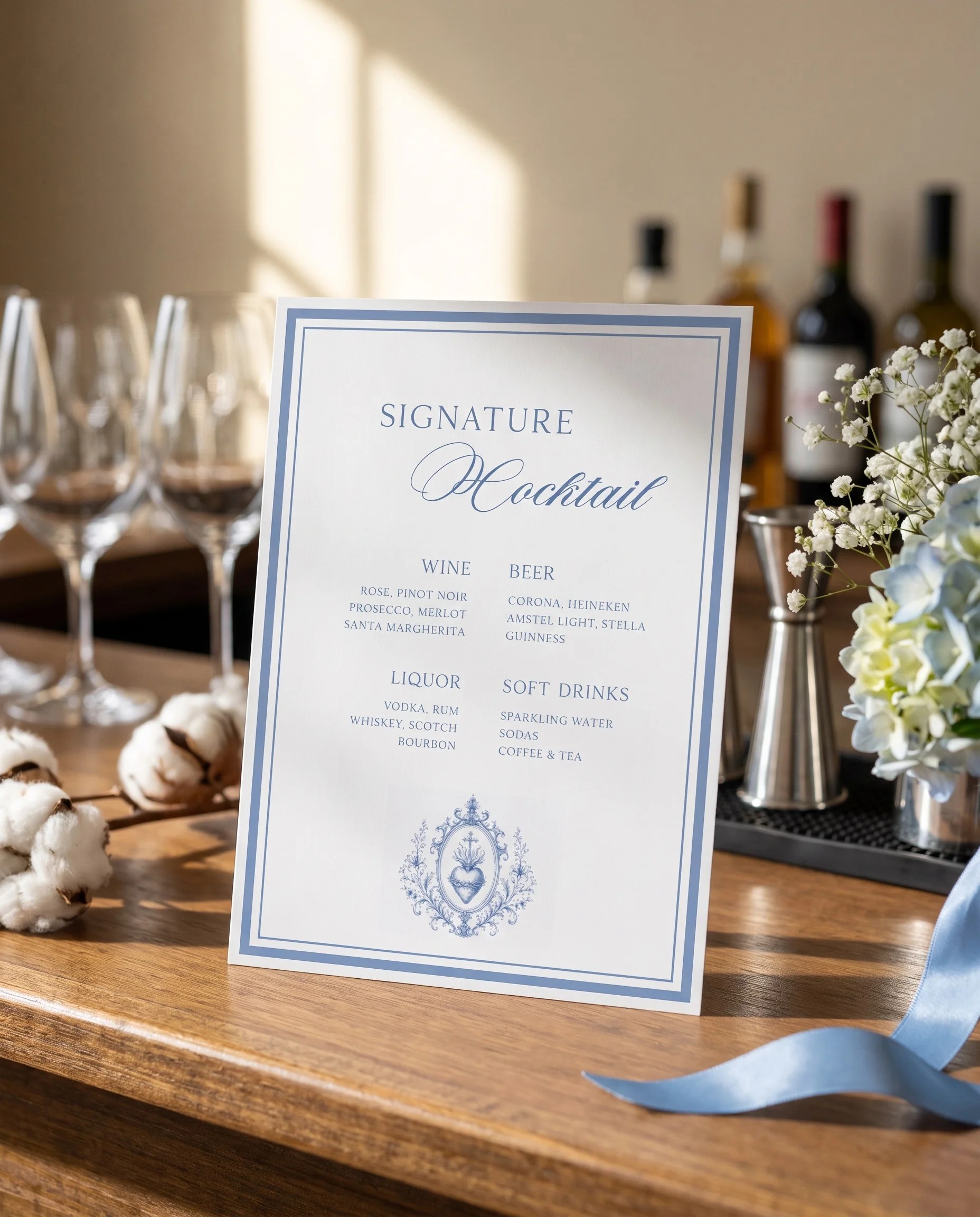 Azure Flourish — bar menu displayed on a drinks station under soft natural light, slight overhead angle, bar menu template.