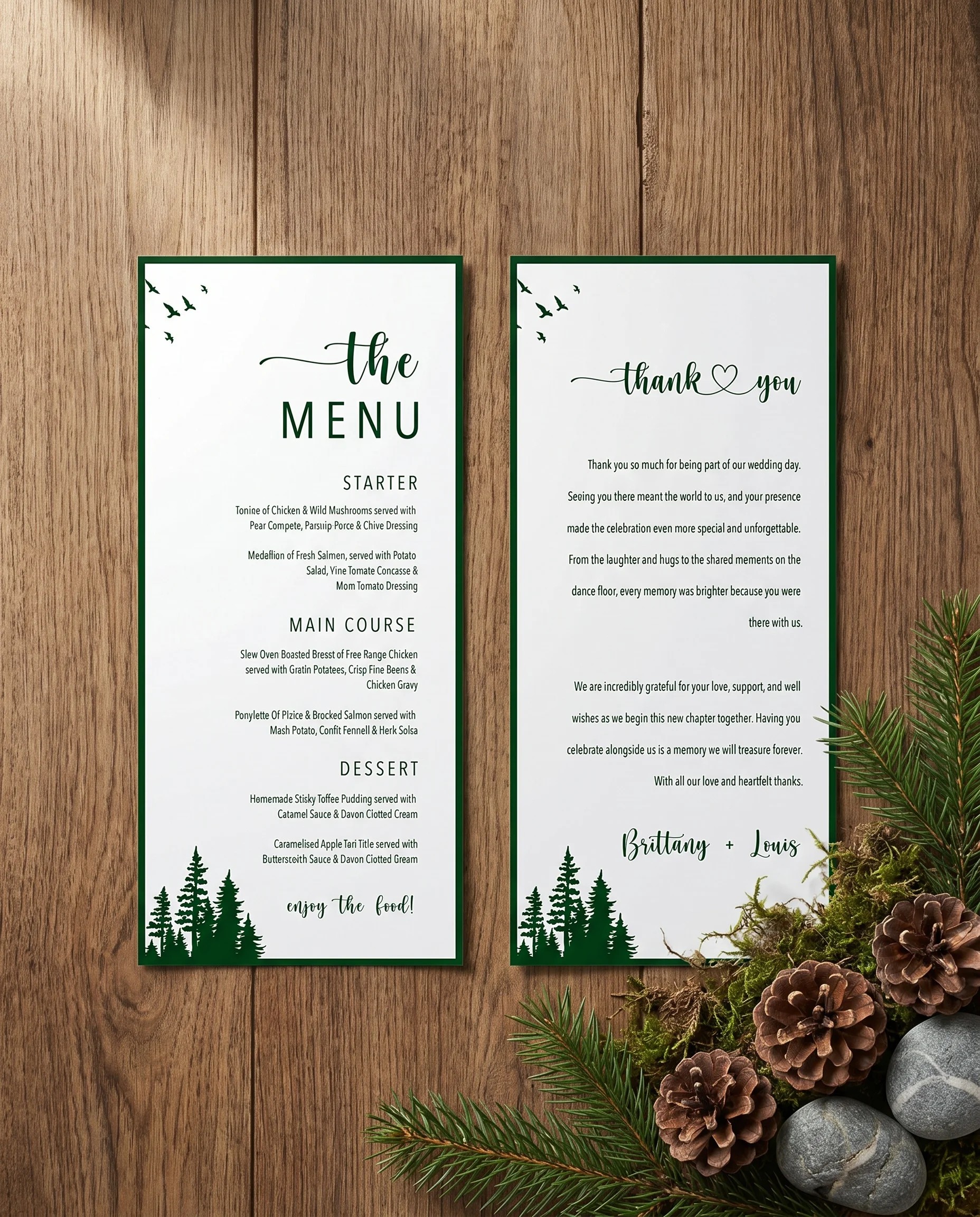 Evergreen Star wedding menu — two menu pages shown flat under soft natural light with a slight overhead angle, wedding menu.