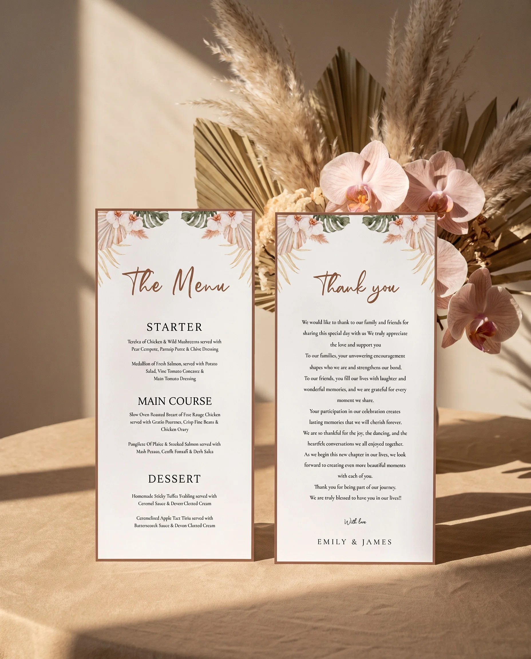 Palm Orchid wedding menu — two menu pages standing upright on a reception table under soft natural light, wedding menu template.
