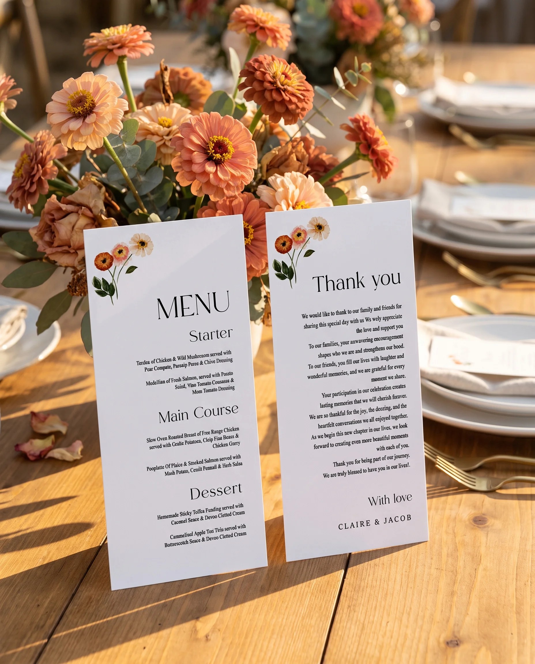 Eucalyptus Bloom wedding menu — two menu sheets standing upright on a reception table, captured from a slight overhead angle, wedding menu template.