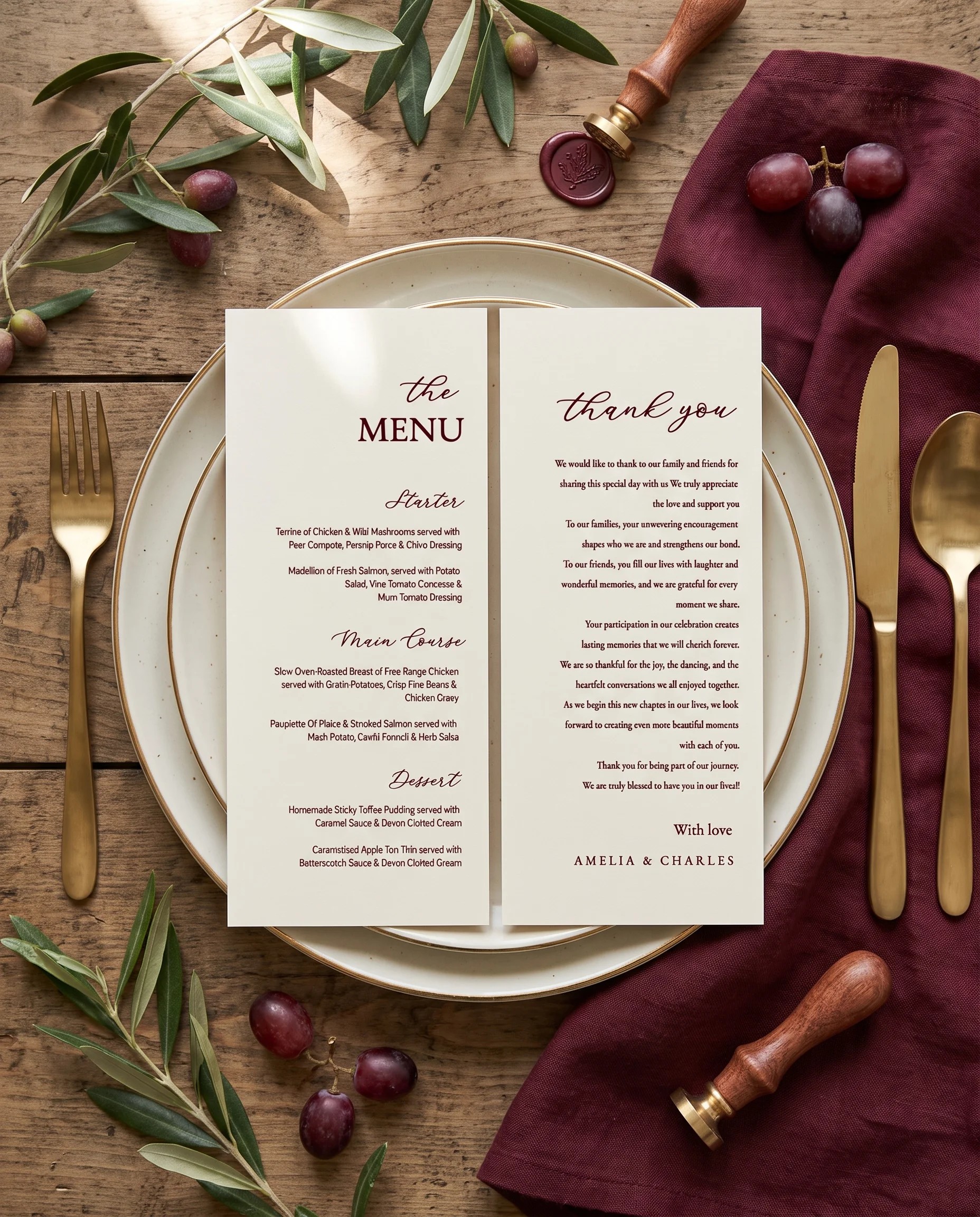 Claret Vine wedding menu — menu and thank you card resting on a plate at an elegantly set place setting, wedding menu cards.