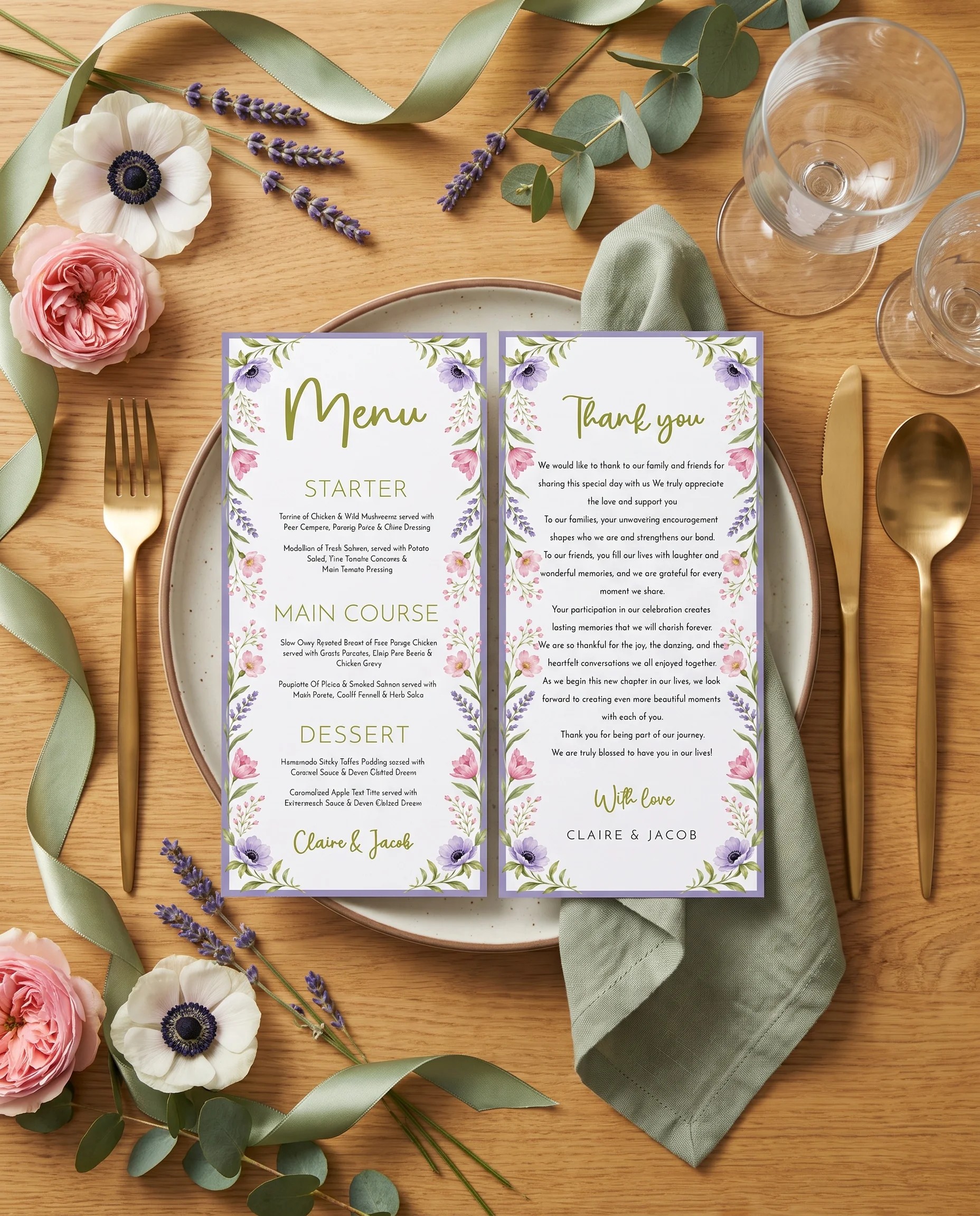 Anemone Toast wedding menu — menu shown on a plate at a set place setting under soft natural light, wedding menu cards.