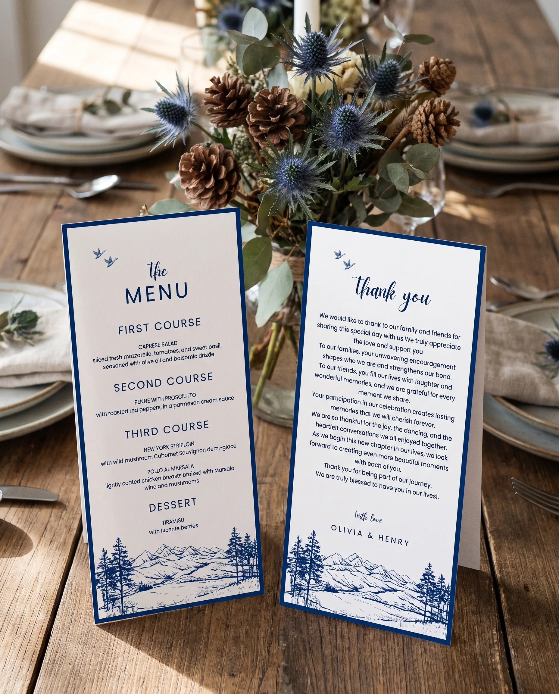 Wedding menu — blue menu standing upright on a reception table with soft natural light and a slight overhead angle, wedding menu template.