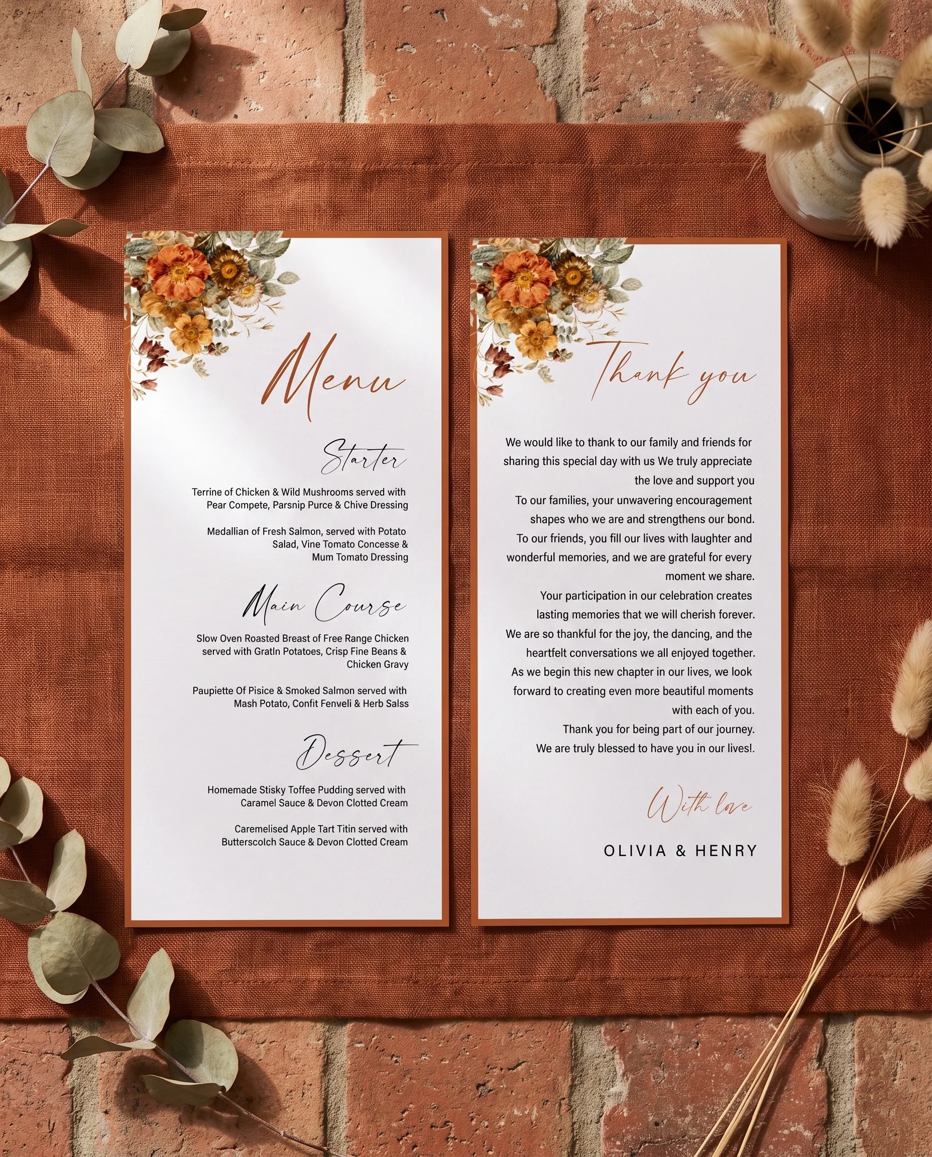 Terracotta Crown wedding menu — flat lay of two menu pages under soft natural light with a slight overhead angle, wedding menu.