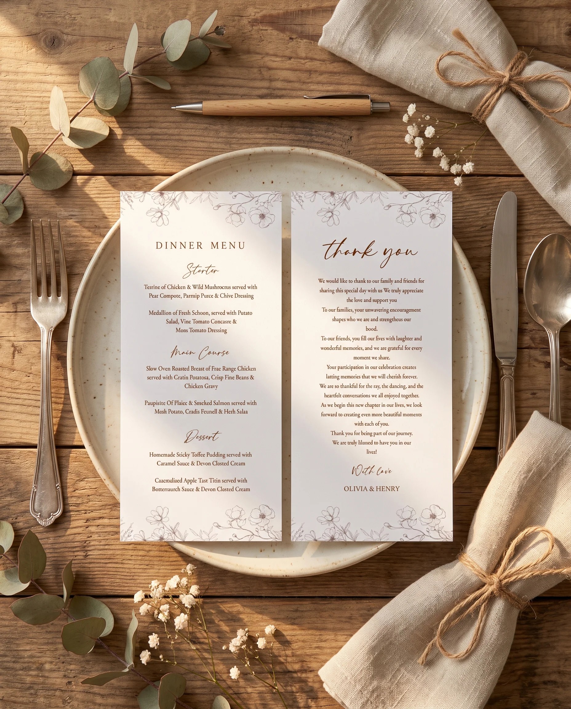 Arrow Bloom wedding menu — menu and thank you card on a plate at a set place setting, wedding menu cards.