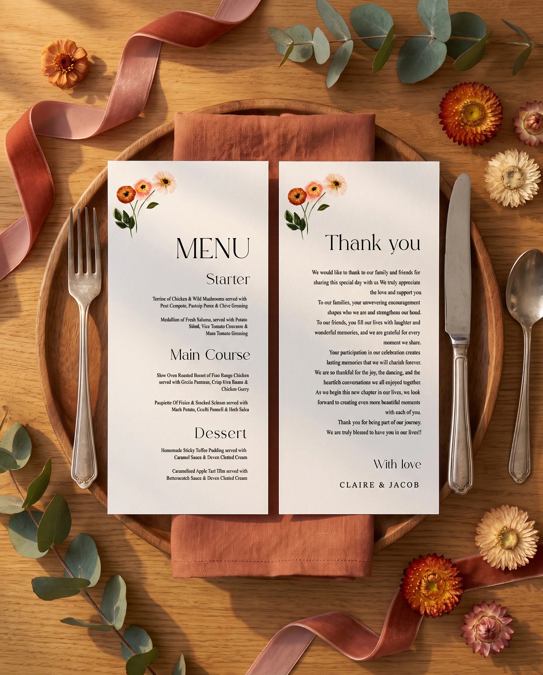 Eucalyptus Bloom wedding menu — two menu pages resting on a plate at a place setting, softly lit from above, wedding menu cards.