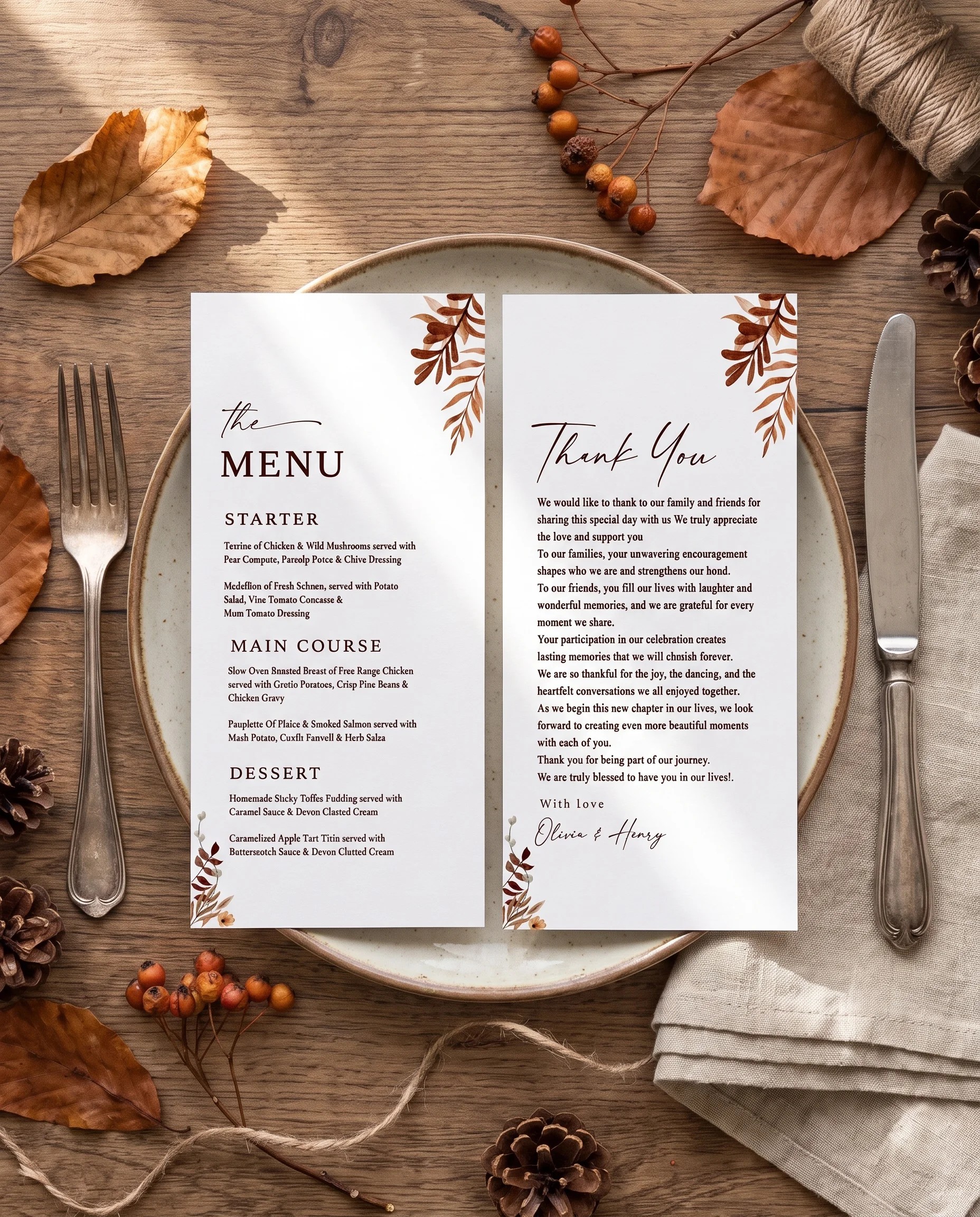 Autumn Bower wedding menu — menu and thank you card on a plate at a set place setting, wedding menu cards