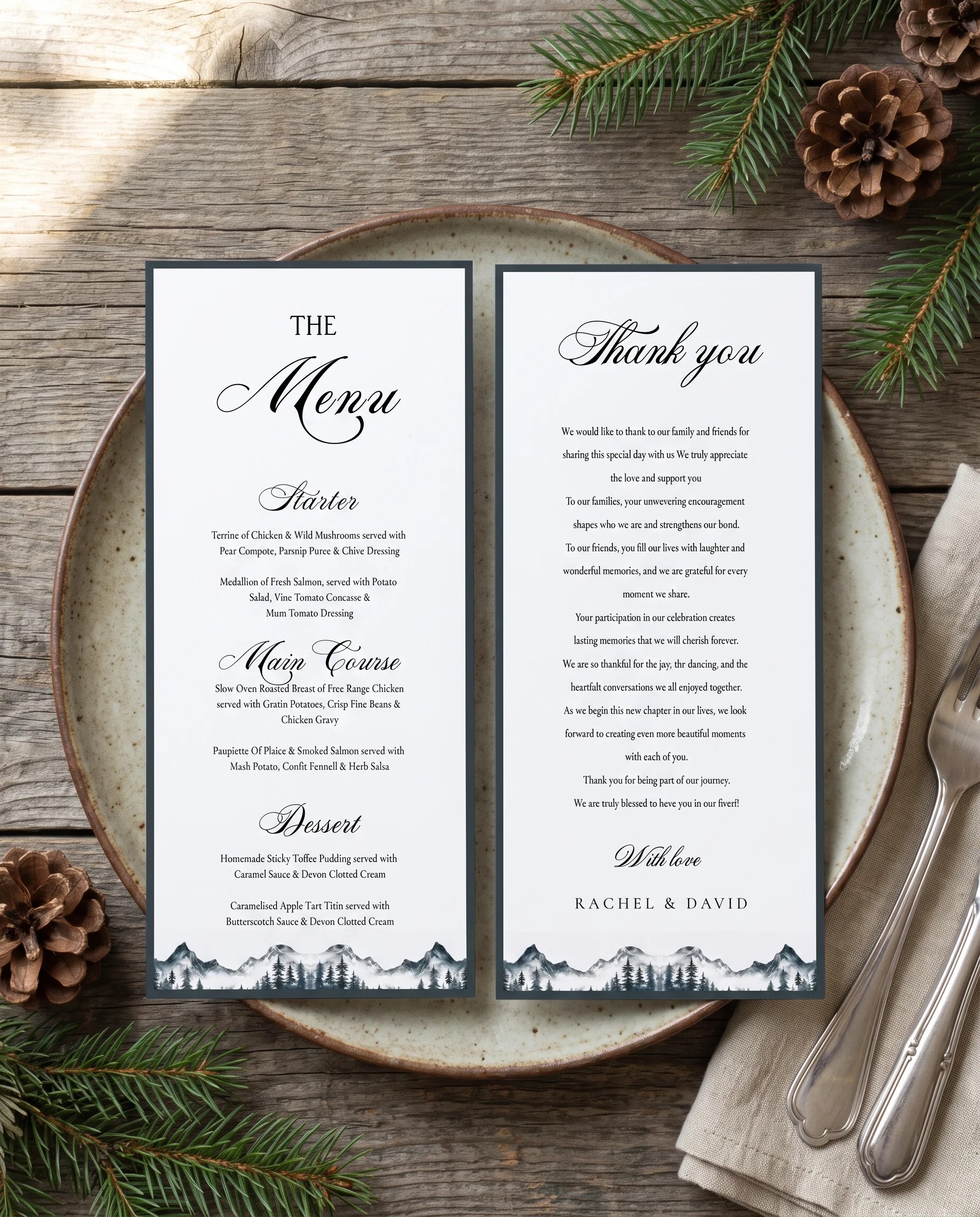 Pinecrest wedding menu — menu and thank you card resting on a plate at a set place setting, wedding menu cards.