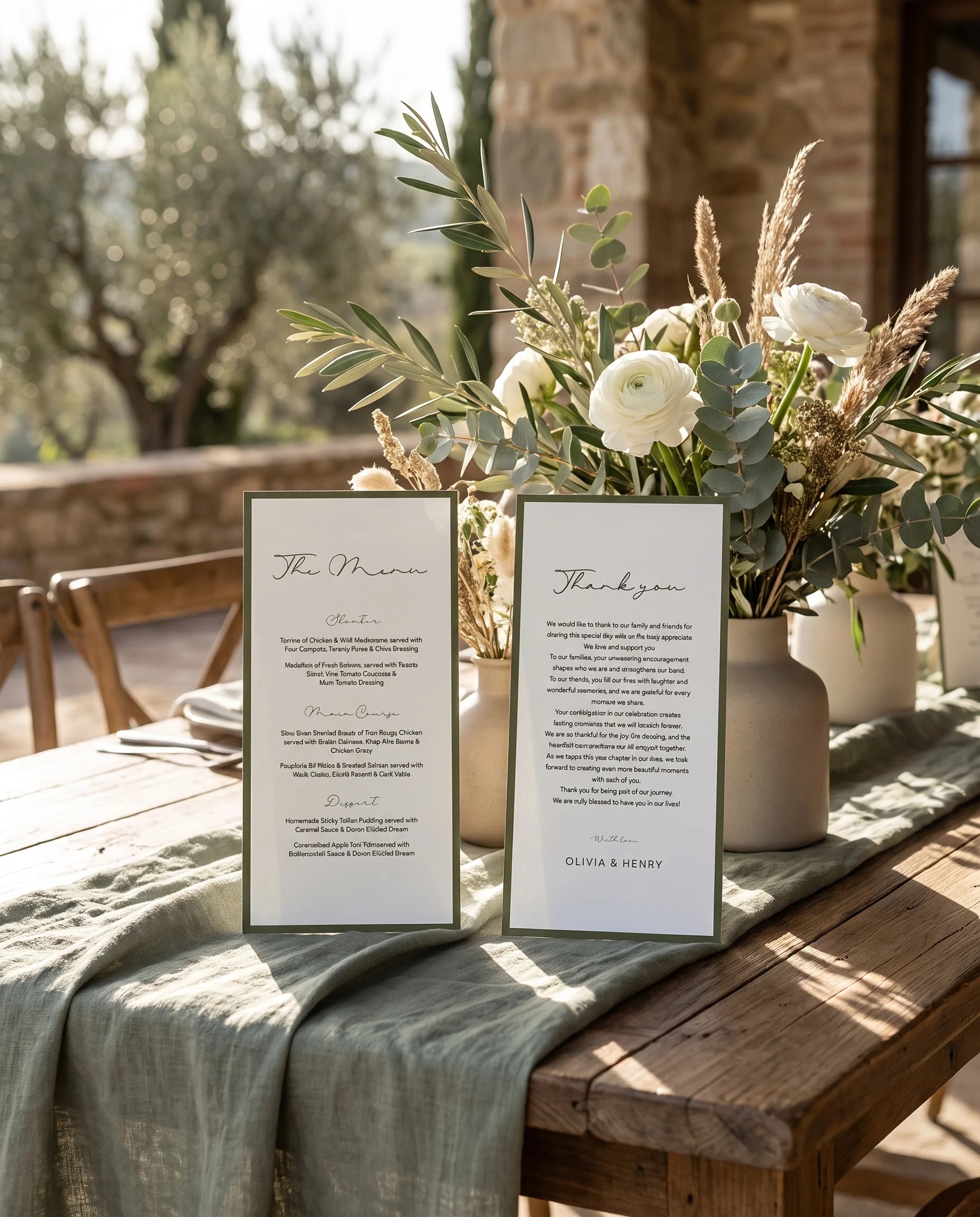 Manor Etching wedding menu — two menu pages standing upright on a reception table under soft natural light, wedding menu template.