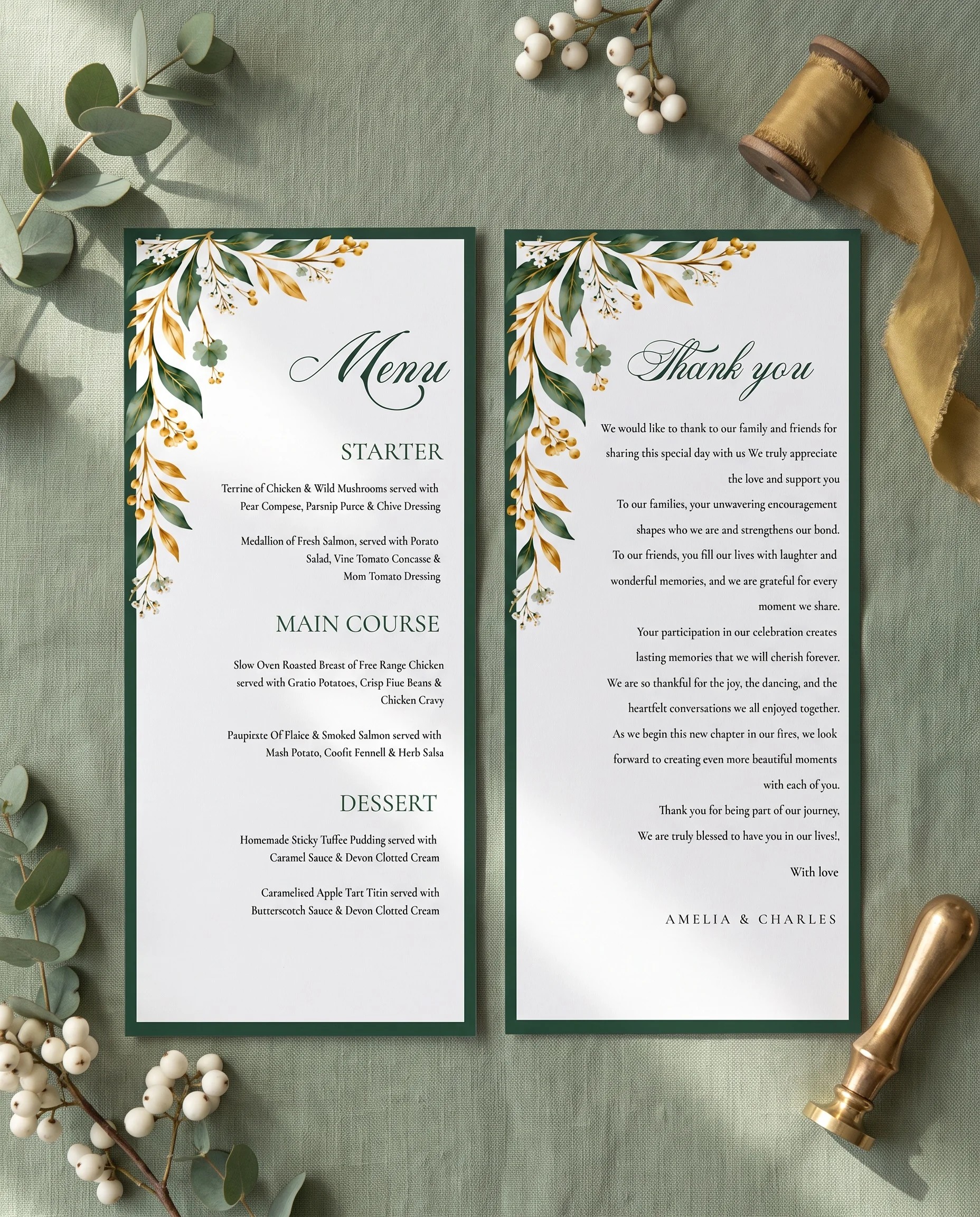 Gilded Foliage wedding menu — two pages arranged flat on premium editorial paper in soft natural light, wedding menu.