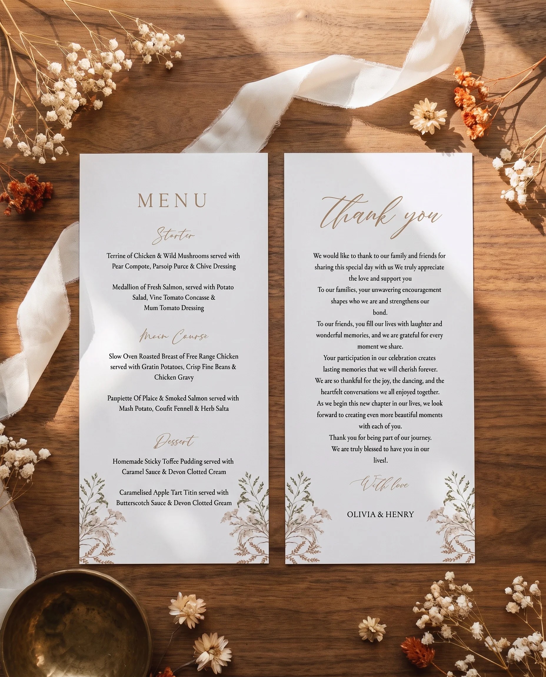 Bramble Court wedding menu — two menu pages laid flat in soft natural light with a slight overhead angle, wedding menu.