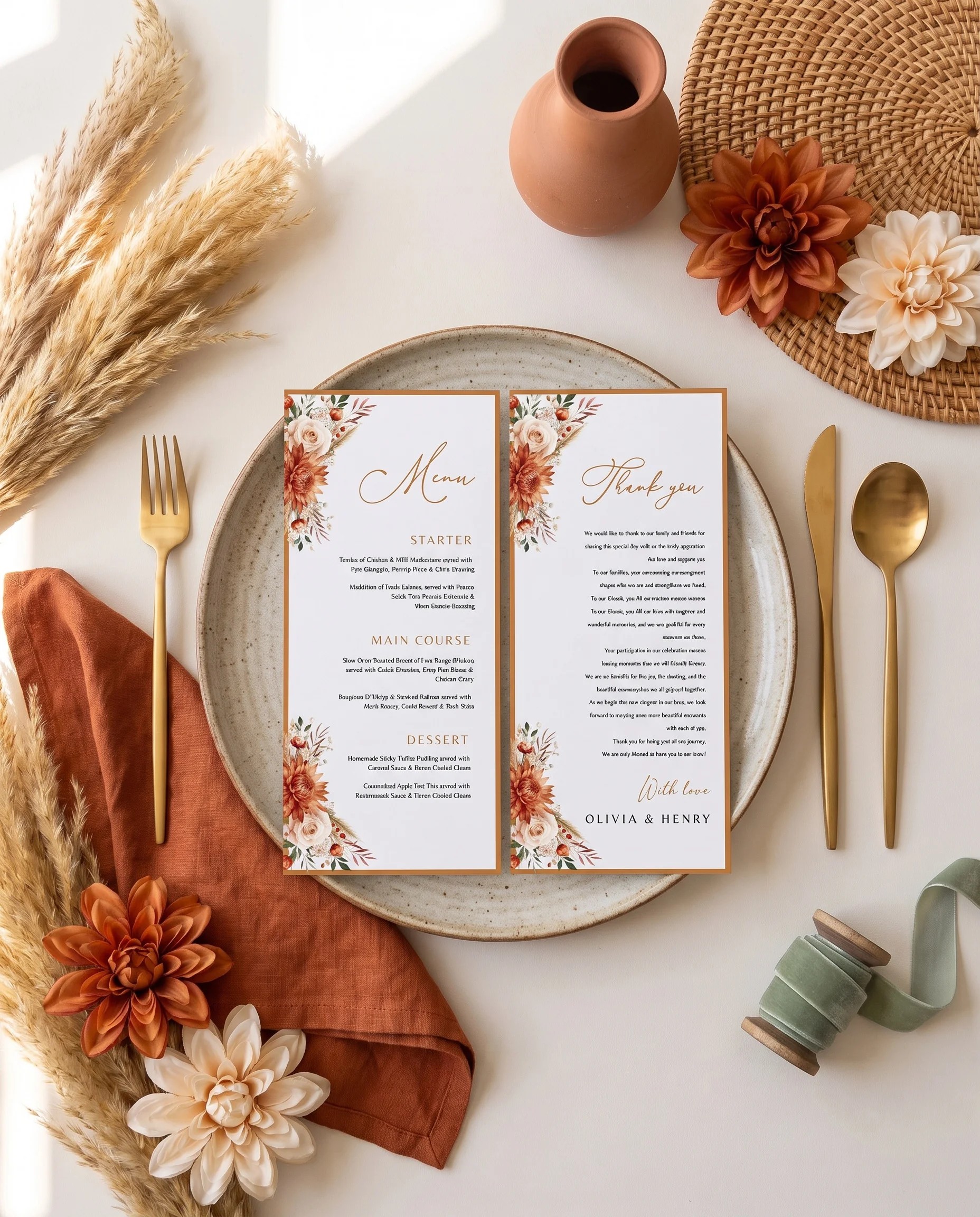 Marigold wedding menu — shown on a plate at an elegant place setting with soft natural light, wedding menu cards.