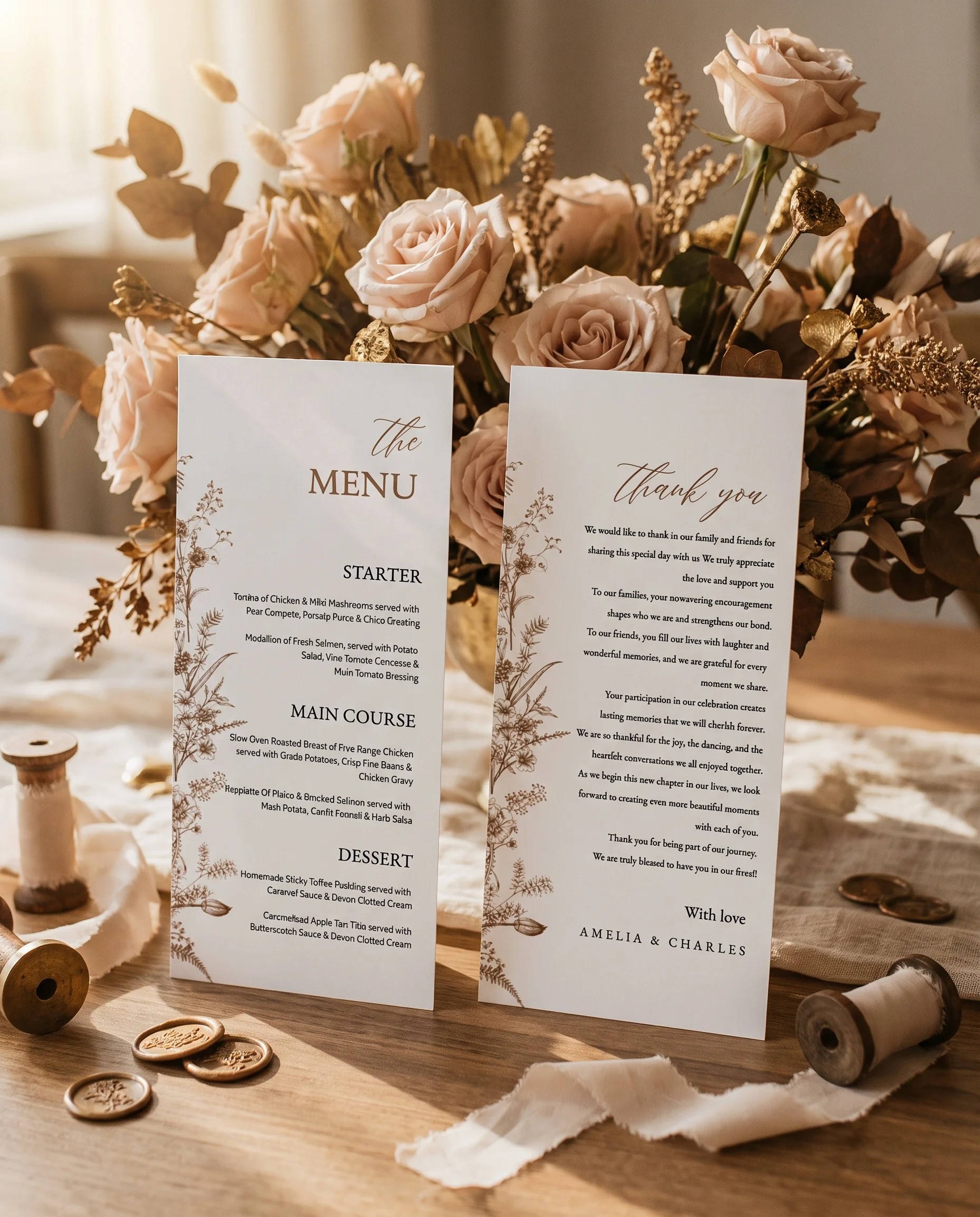 Sepia Crest wedding menu — the menu and thank you card standing upright on a reception table in soft natural light, wedding menu template.