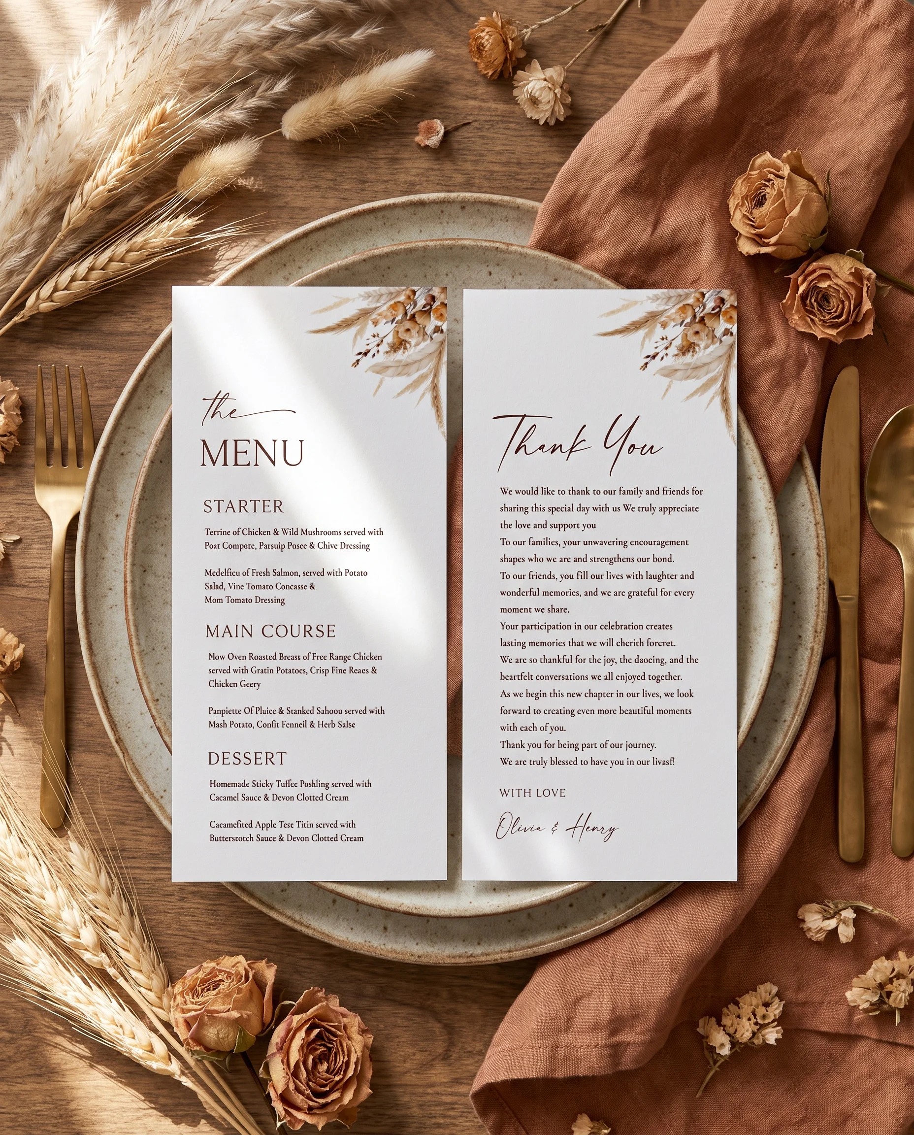 Harvest Script wedding menu — menu and thank you card on a plate at a place setting, wedding menu cards
