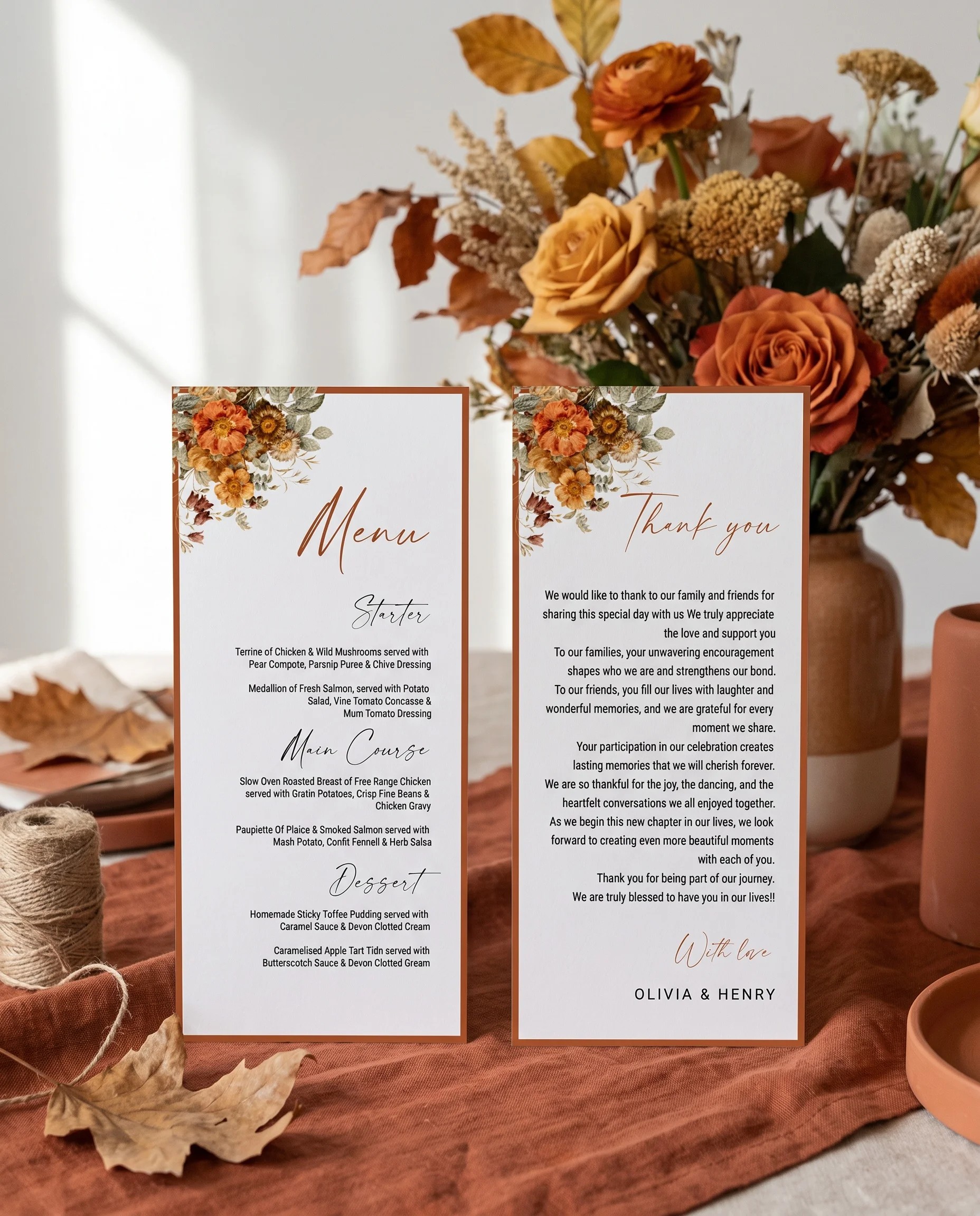Terracotta Crown wedding menu — two menu pages standing upright on a reception table under soft natural light, wedding menu template