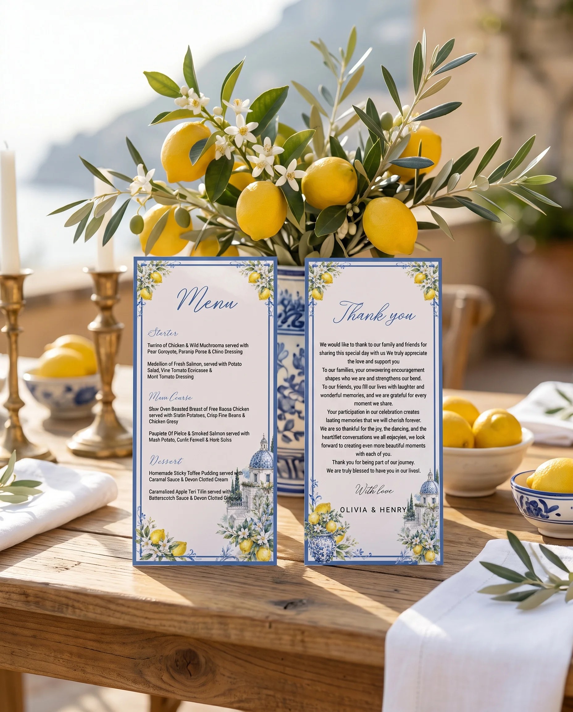 Amalfi Grove wedding menu — menu and thank you card standing upright on a reception table in soft natural light, wedding menu template