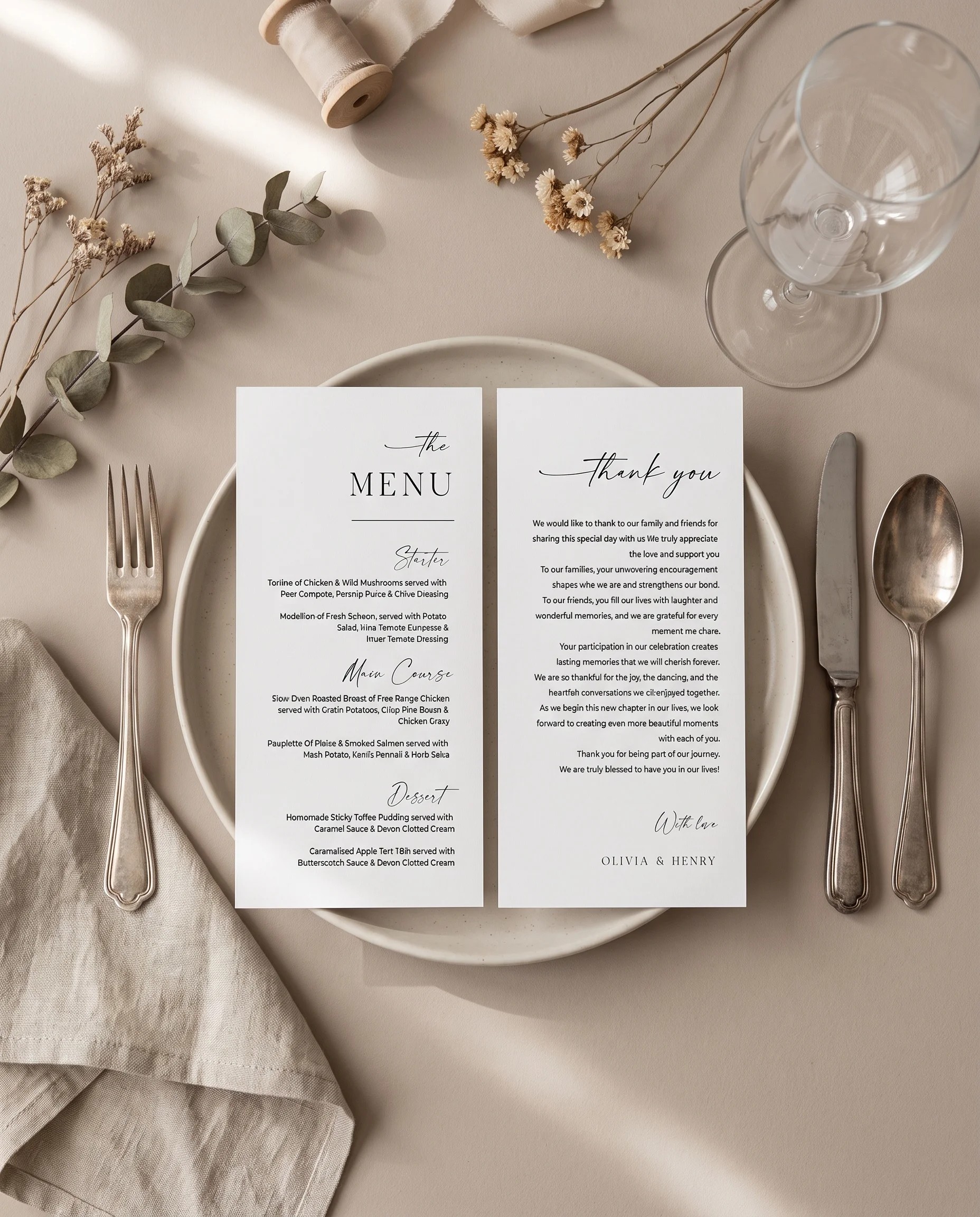 Charline wedding menu — menu and thank you card displayed on a plate at a set place setting, wedding menu cards.